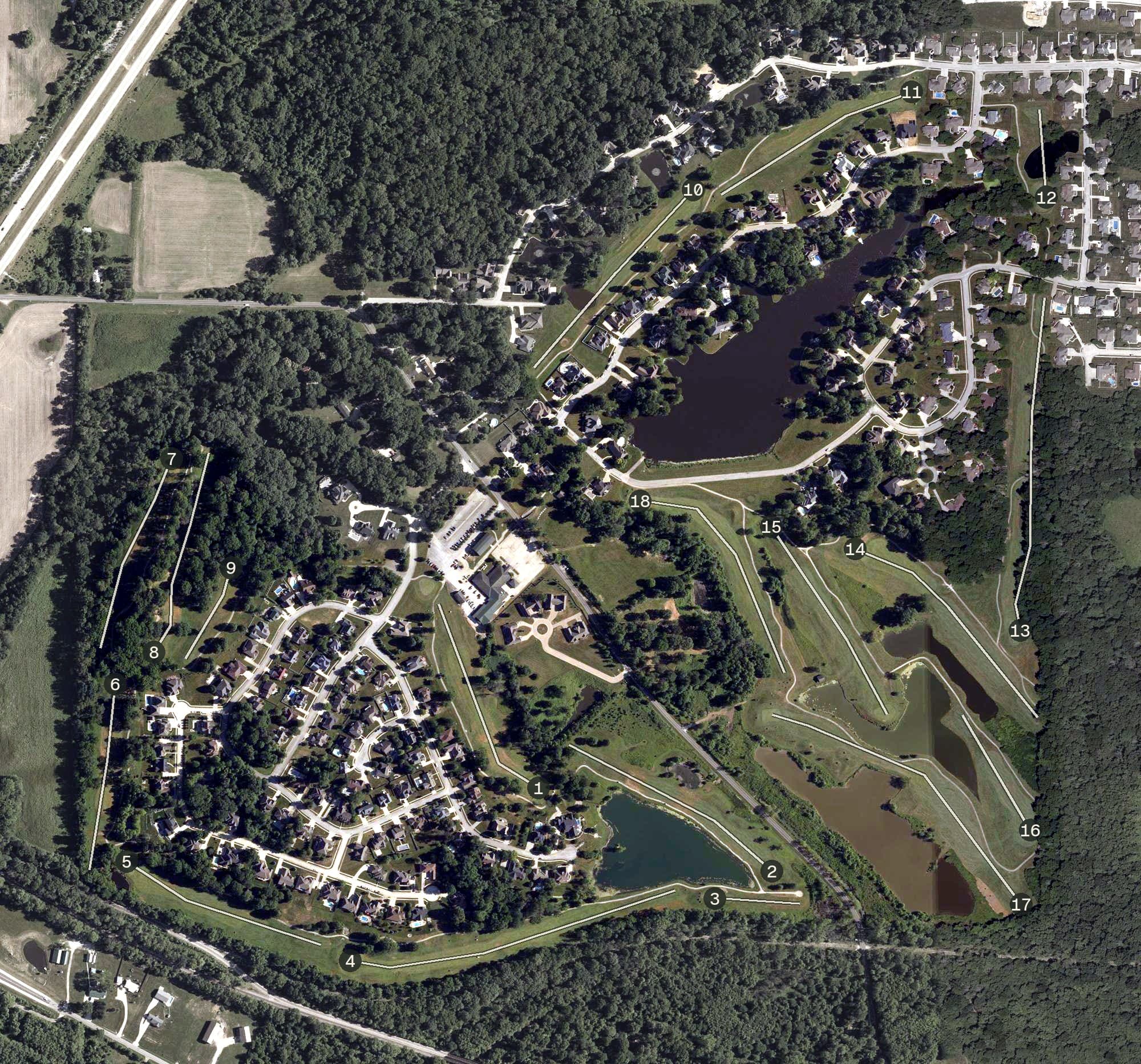 Aerial view of Idle Creek Golf Course, IN, with its hole routing marked