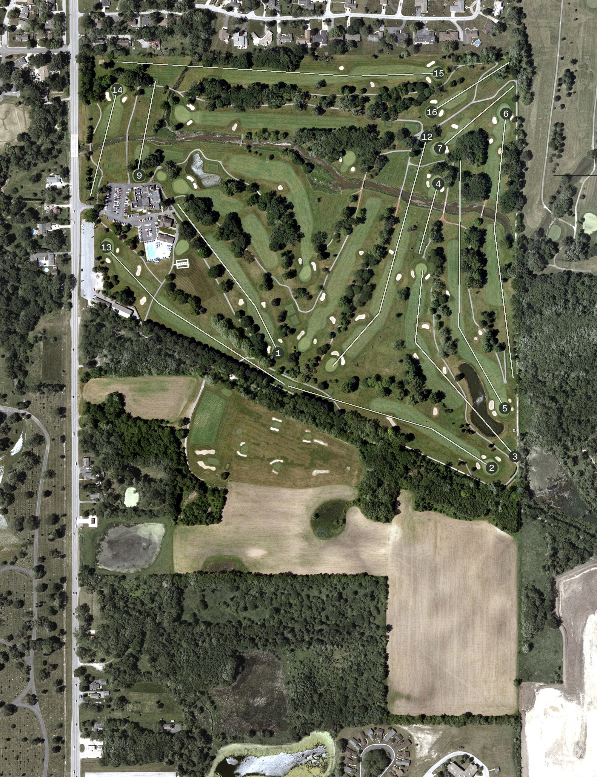 Aerial view of Innsbrook Country Club, IN, with its hole routing marked