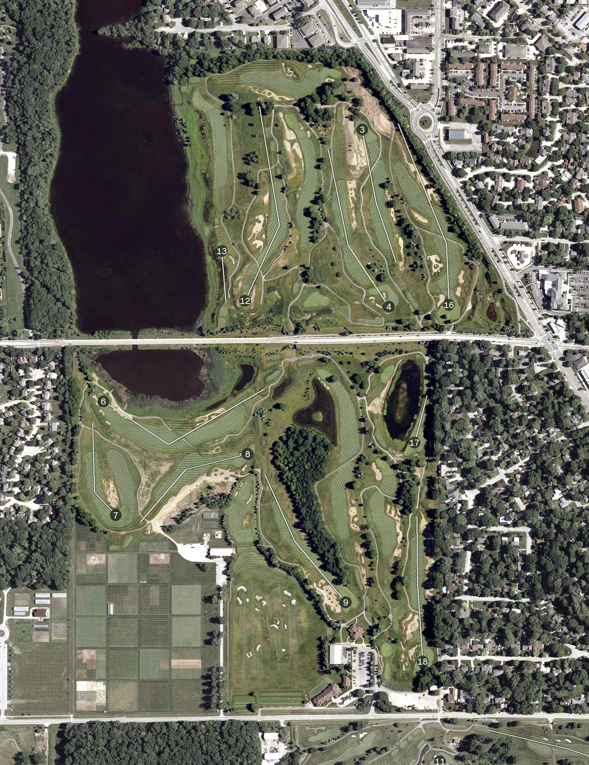 Aerial view of Kampen Golf Course, IN, with its hole routing marked