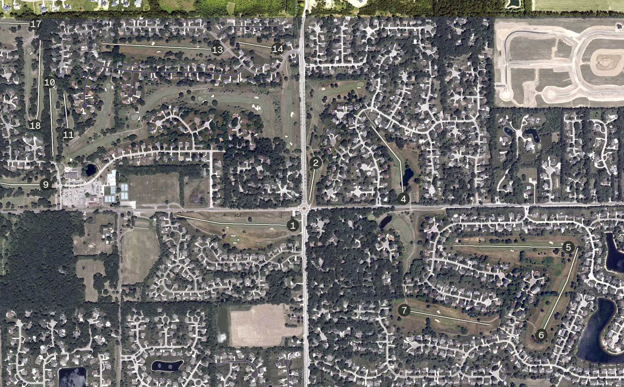 Aerial view of Knollwood Country Club - East Course, IN, with its hole routing marked