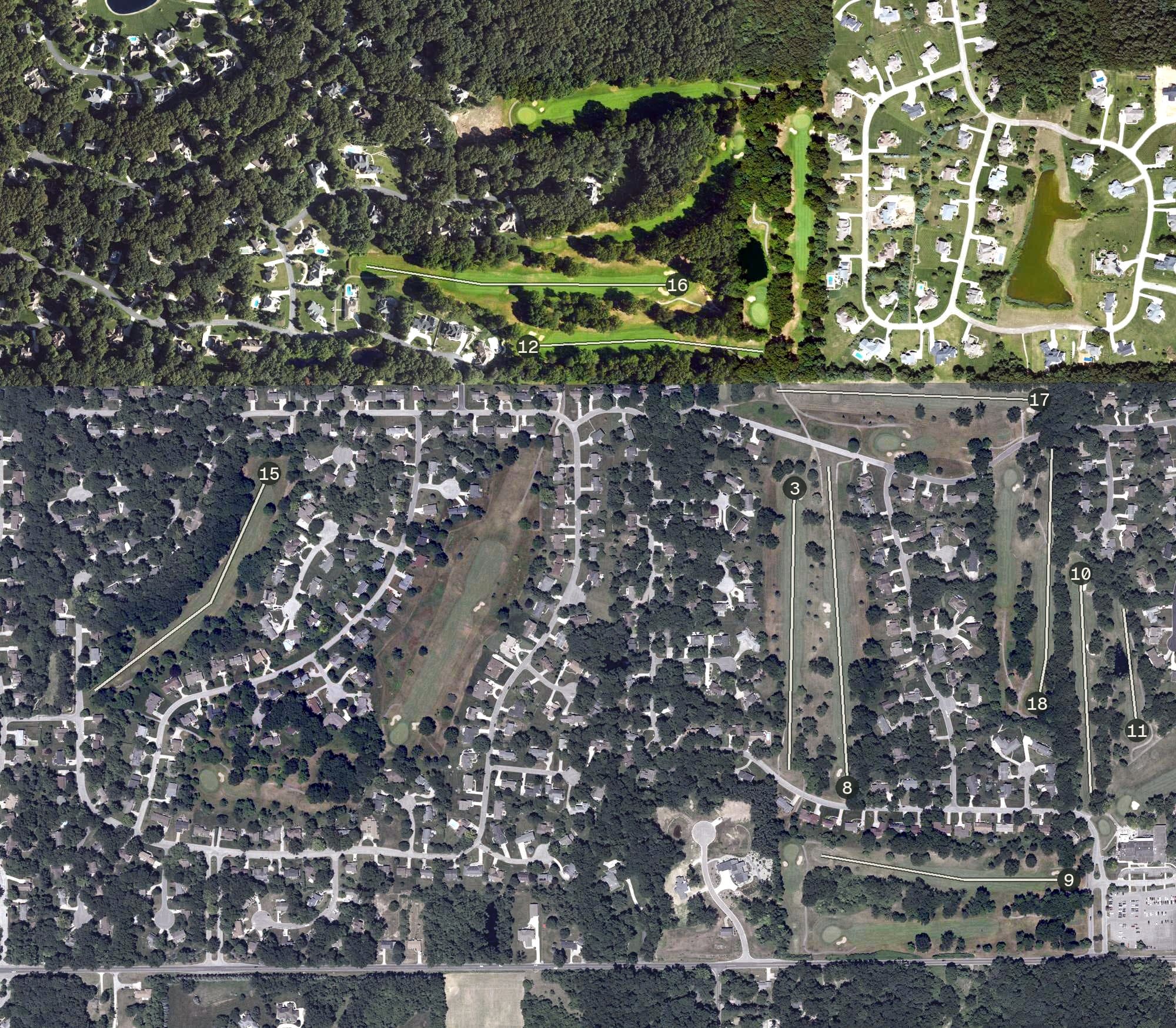 Aerial view of Knollwood Country Club - West Course, IN, with its hole routing marked