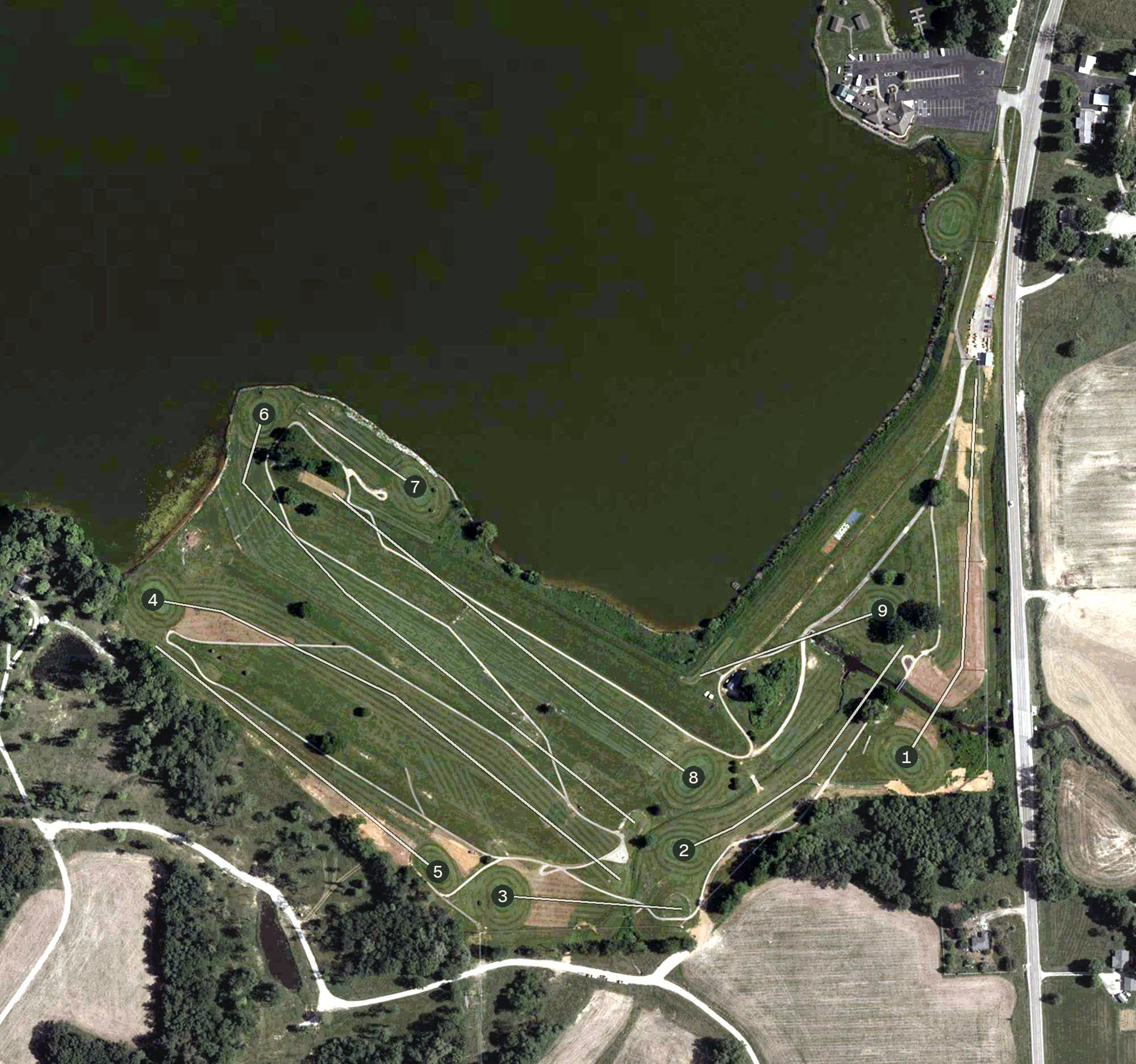 Aerial view of Lakeview Golf Course, IN, with its hole routing marked