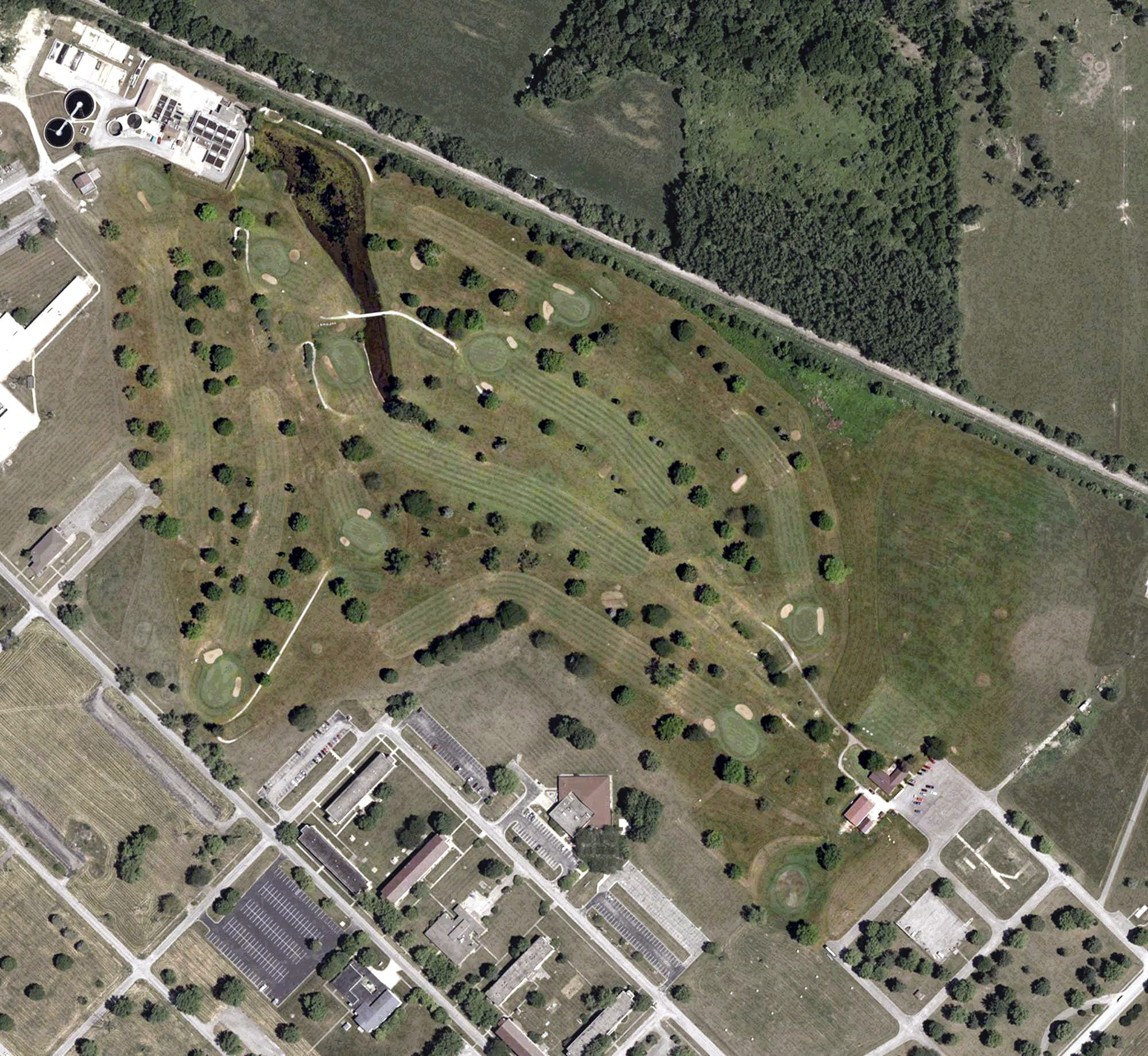 Aerial view of Leaning Tree Golf Course, IN, with its hole routing marked