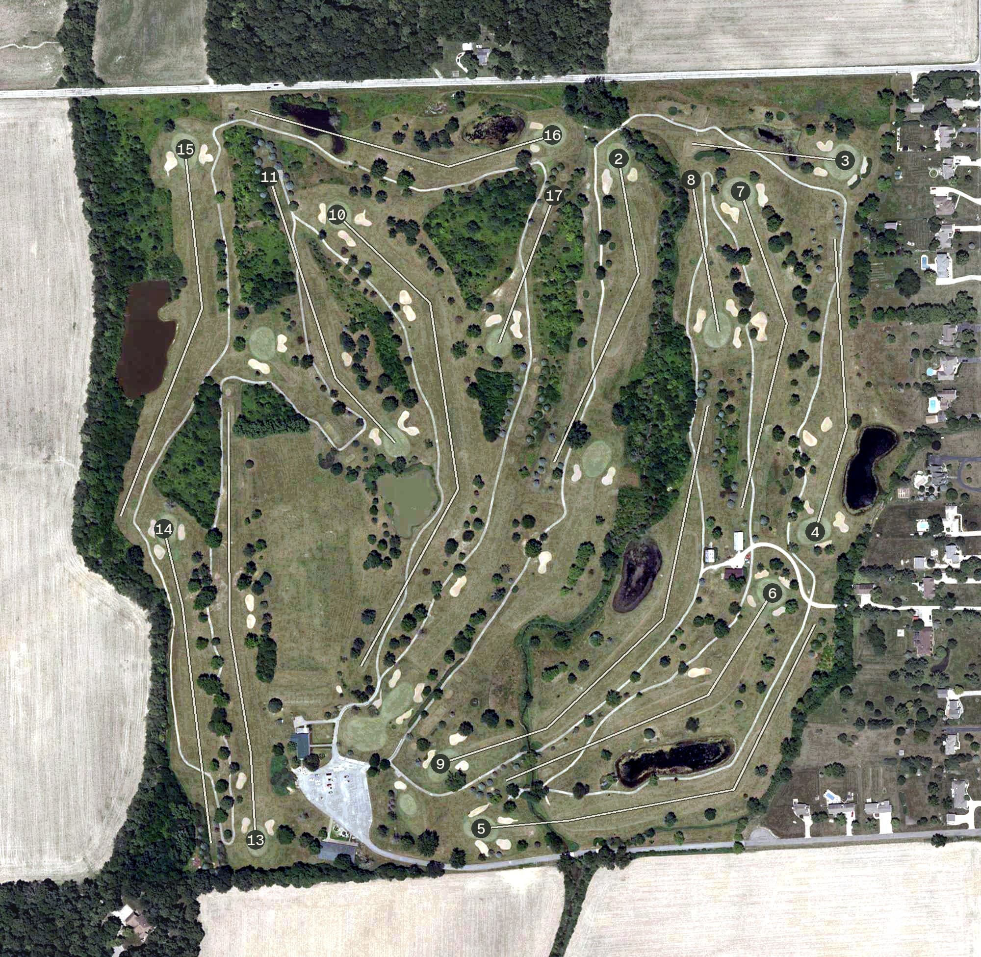 Aerial view of Links Golf Club, IN, with its hole routing marked