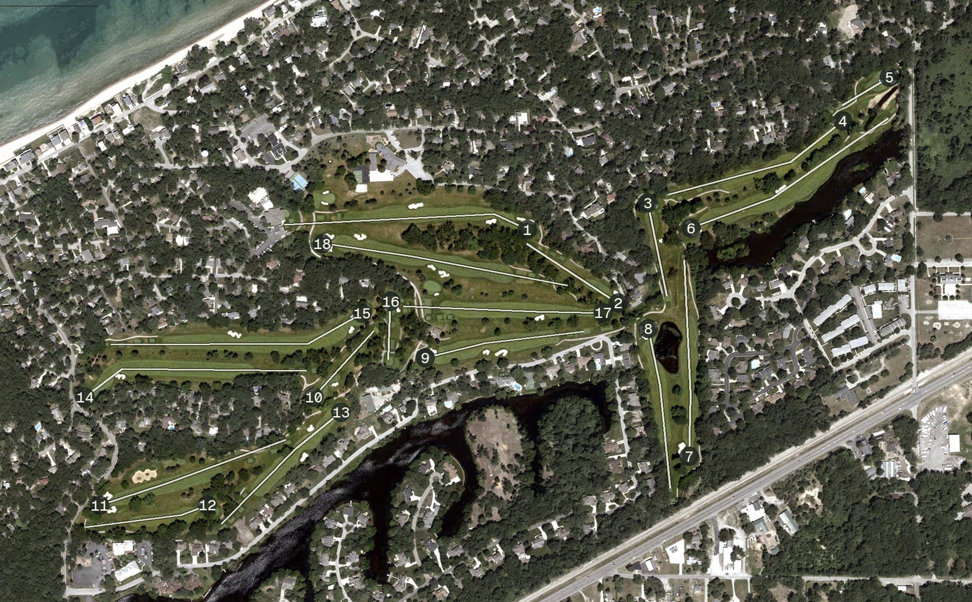 Aerial view of Long Beach Country Club, IN, with its hole routing marked