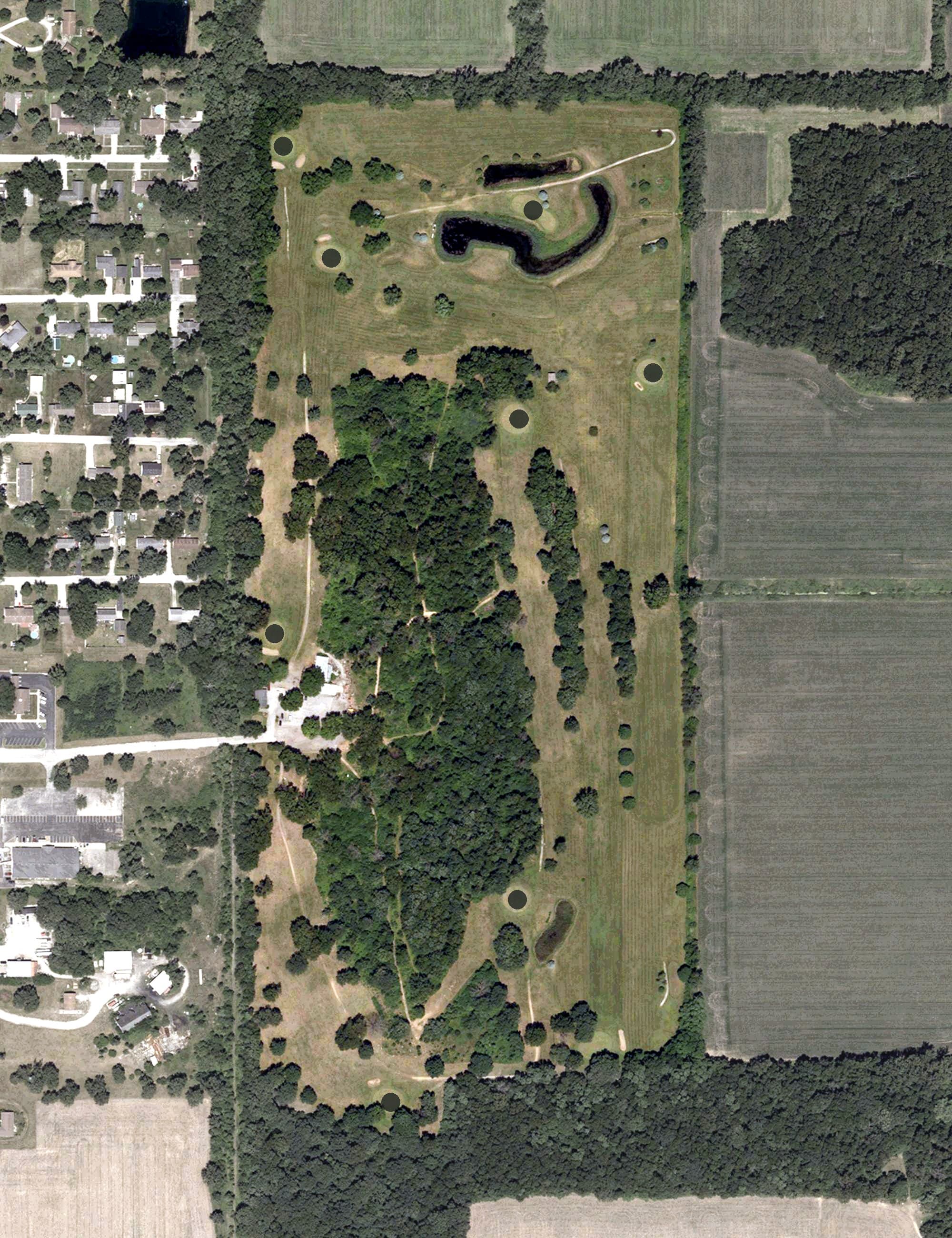 Aerial view of Lu Gene Links Country Club, IN, with its hole routing marked