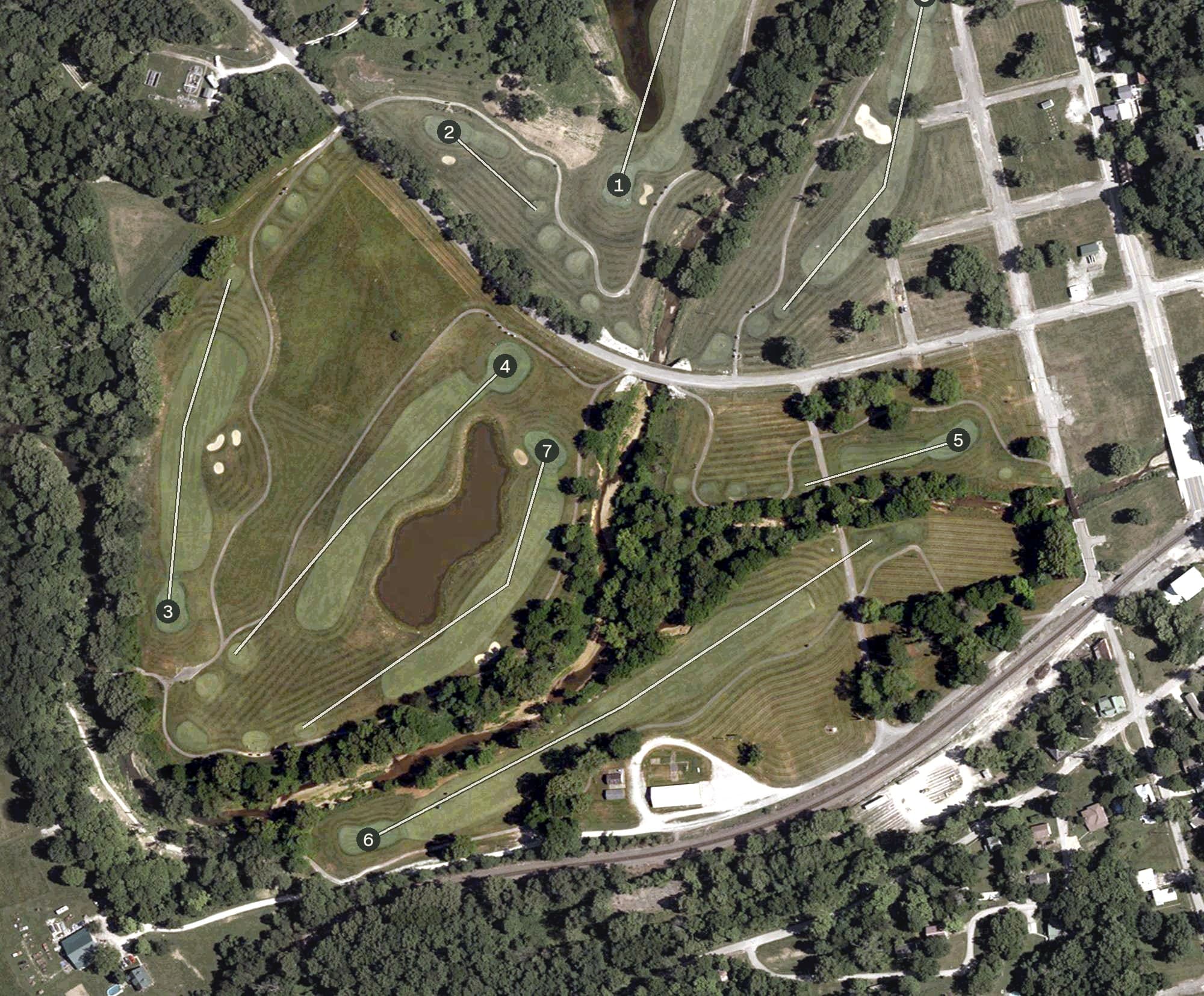 Aerial view of Lucas Oil Golf Course, IN, with its hole routing marked