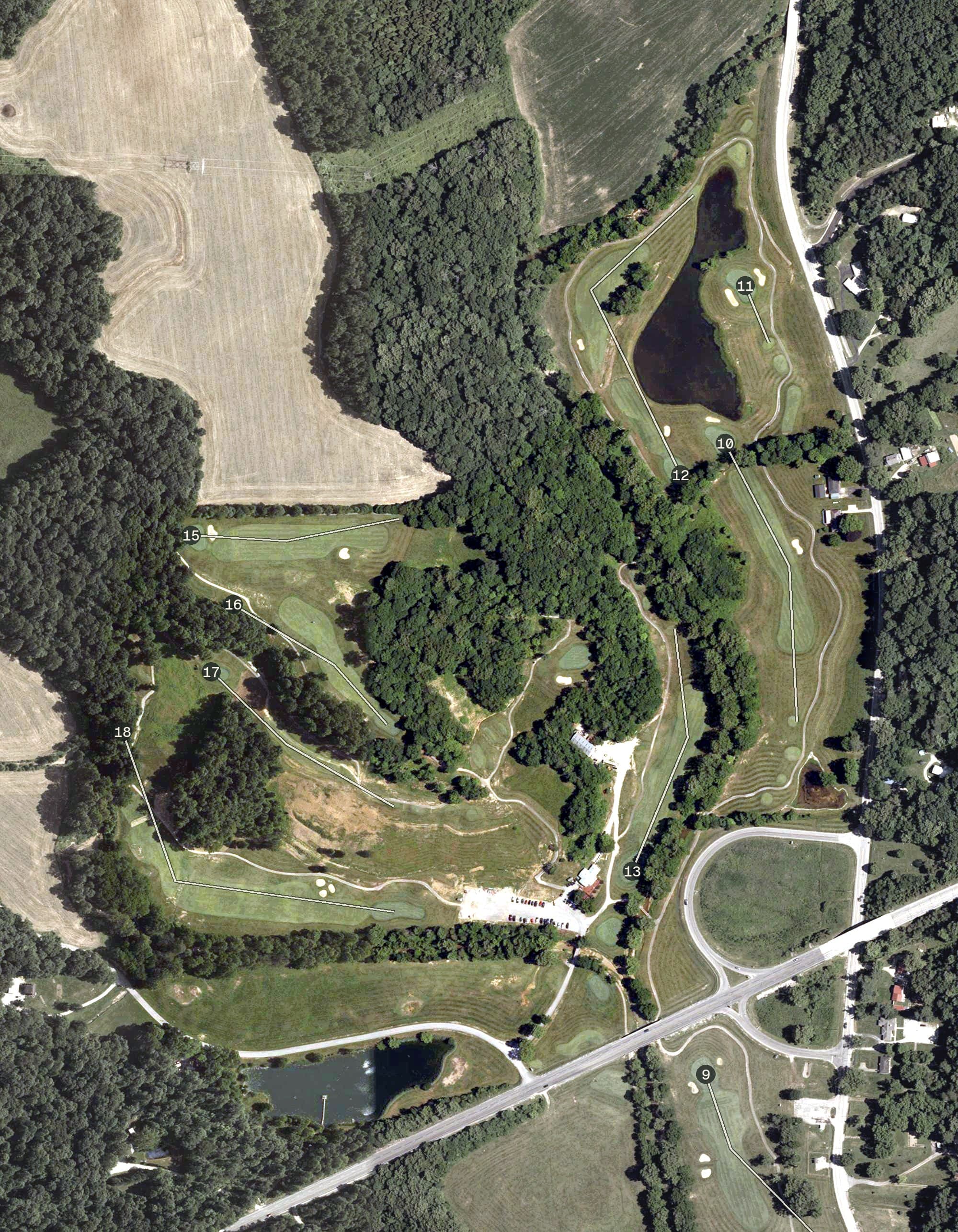 Aerial view of Lucas Oil Golf Course, IN, with its hole routing marked