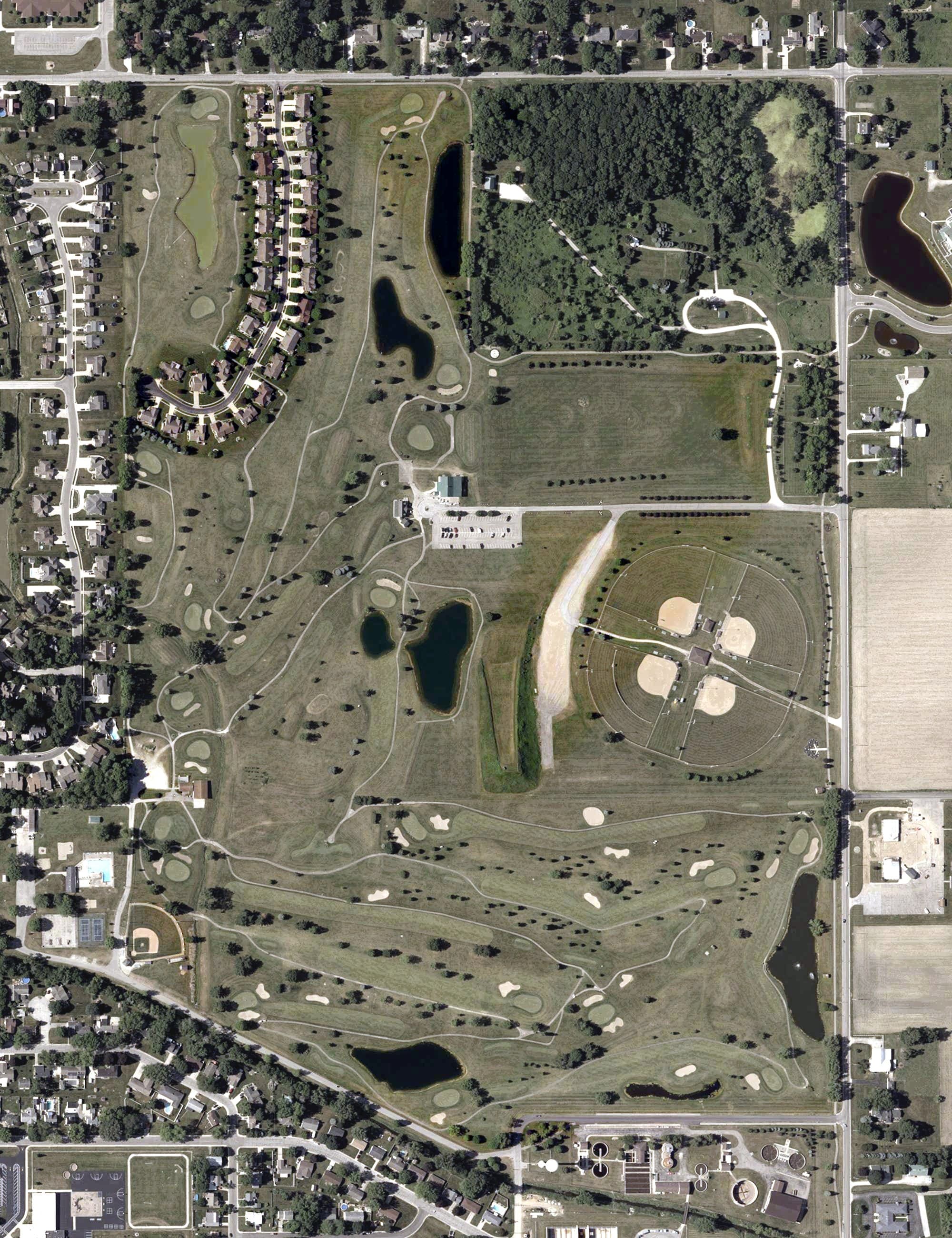 Aerial view of McCormick Creek Golf Course, IN, with its hole routing marked