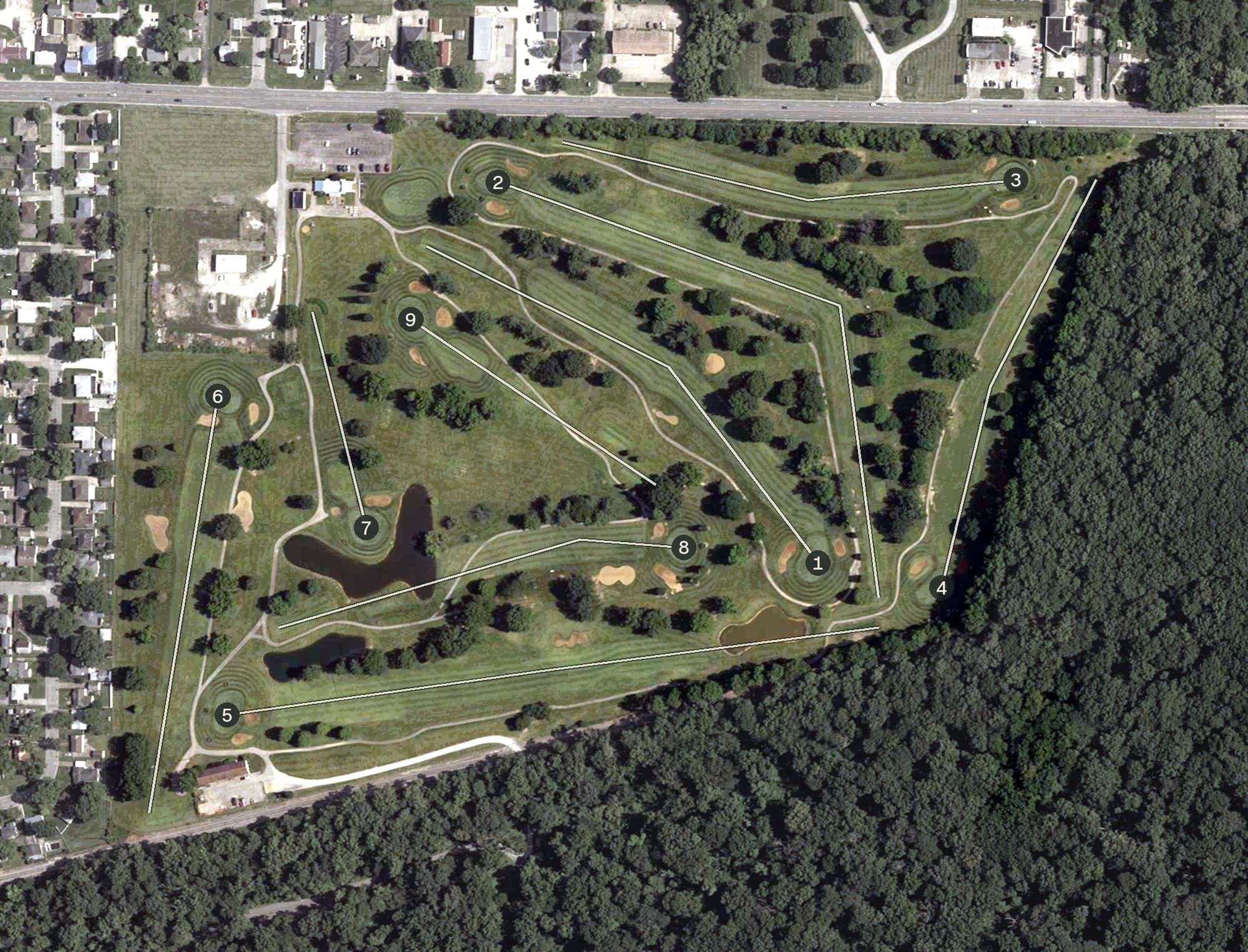 Aerial view of McDonald Golf Course, IN, with its hole routing marked
