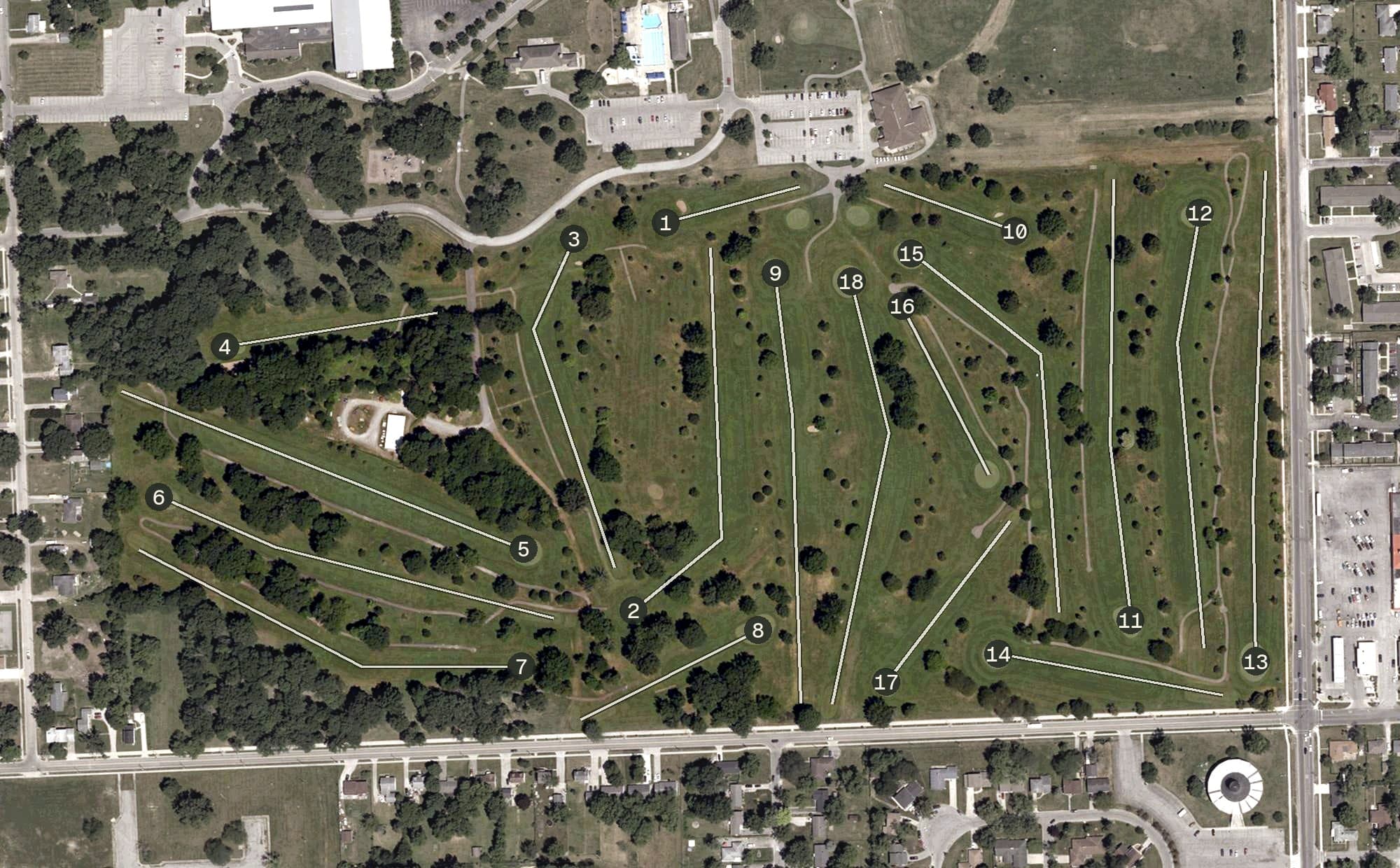 Aerial view of McMillen Park Golf Course, IN, with its hole routing marked