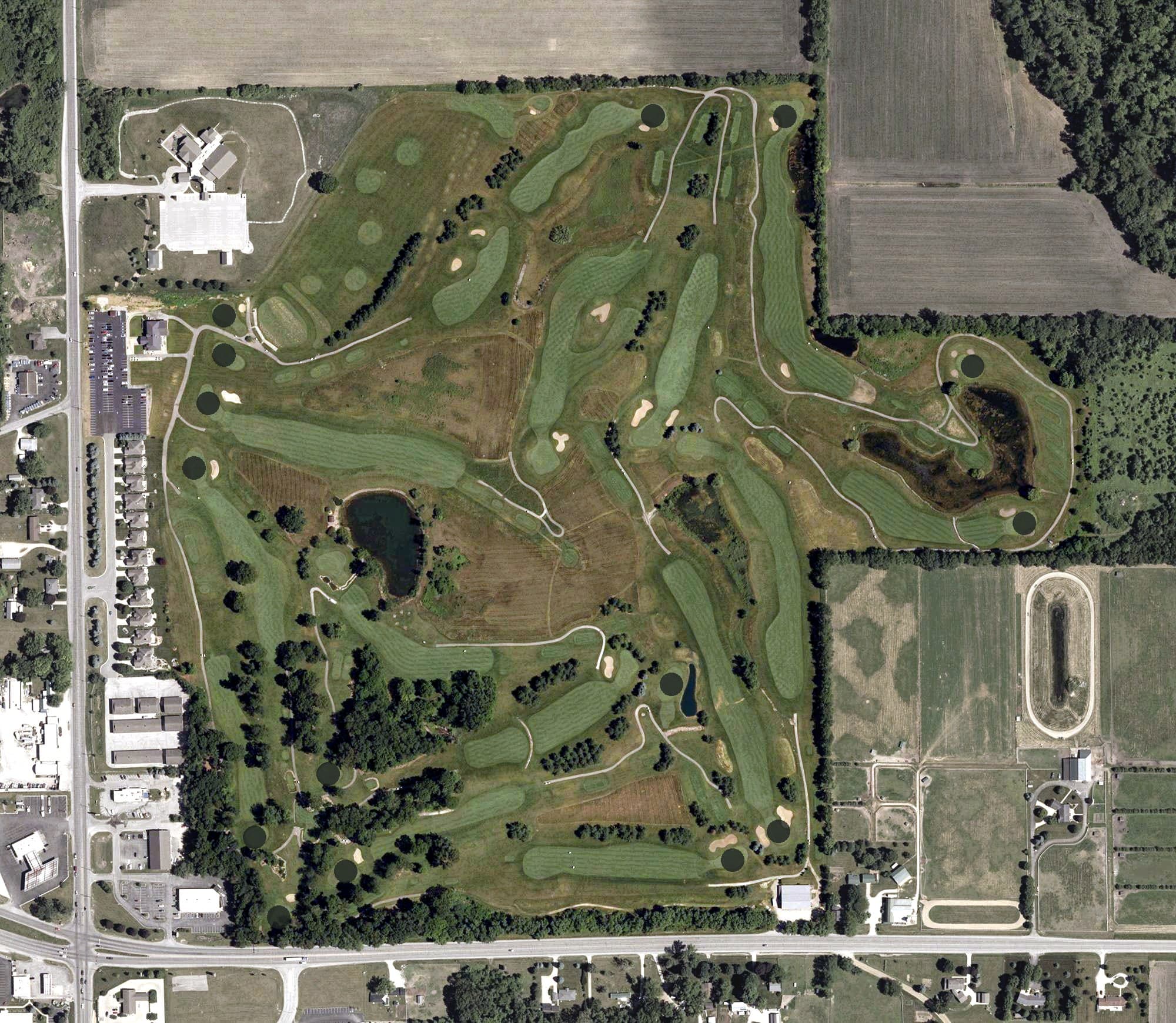 Aerial view of Meadow Valley Golf Club, IN, with its hole routing marked