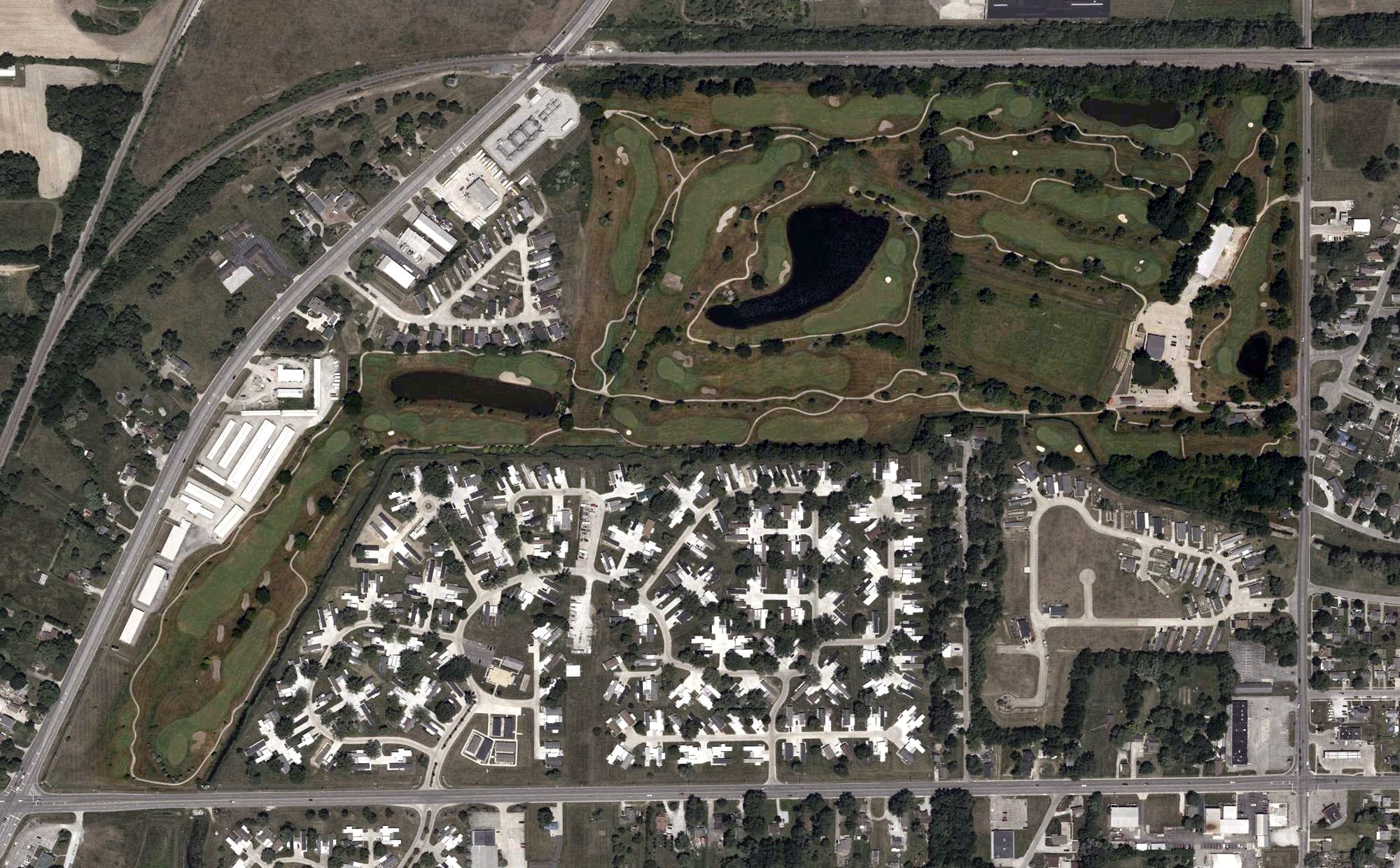 Aerial view of Meadowbrook Golf Course, IN, with its hole routing marked