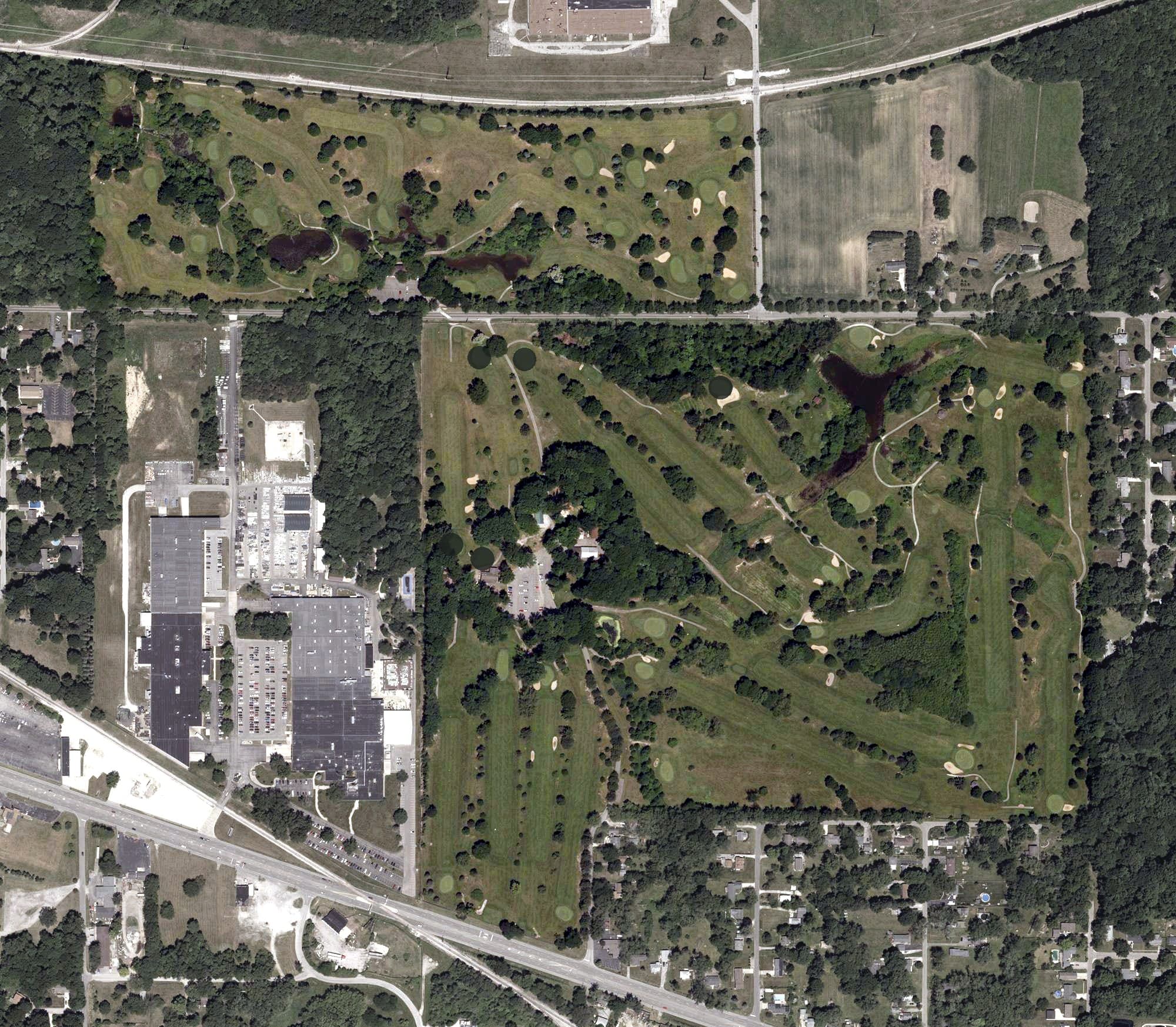 Aerial view of Michigan City Municipal Golf Course, IN, with its hole routing marked