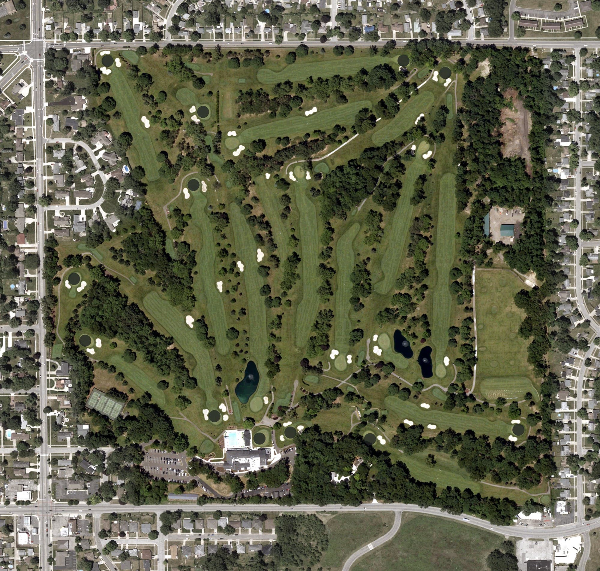 Aerial view of Morris Park Country Club, IN, with its hole routing marked