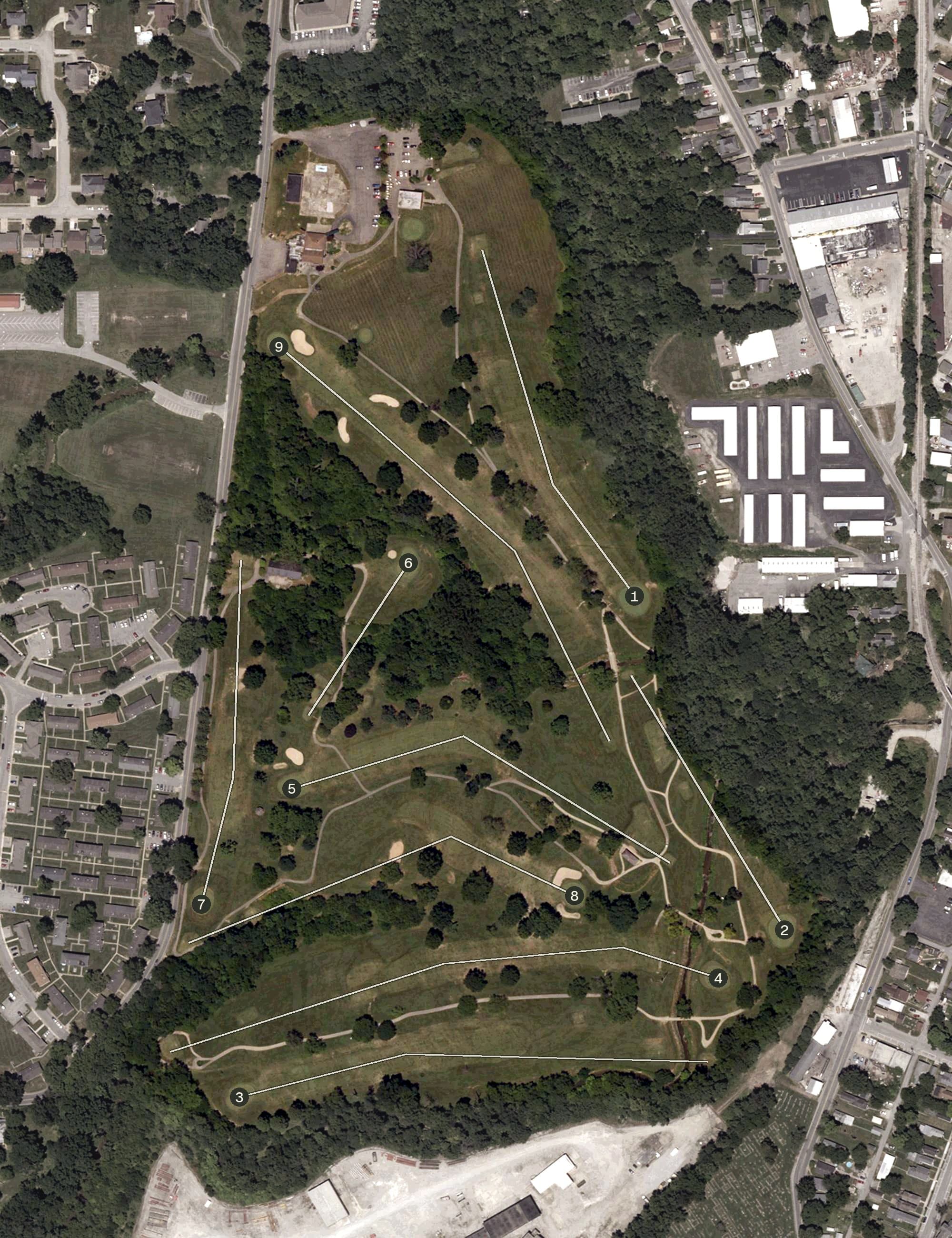 Aerial view of New Albany Golf Course, IN, with its hole routing marked