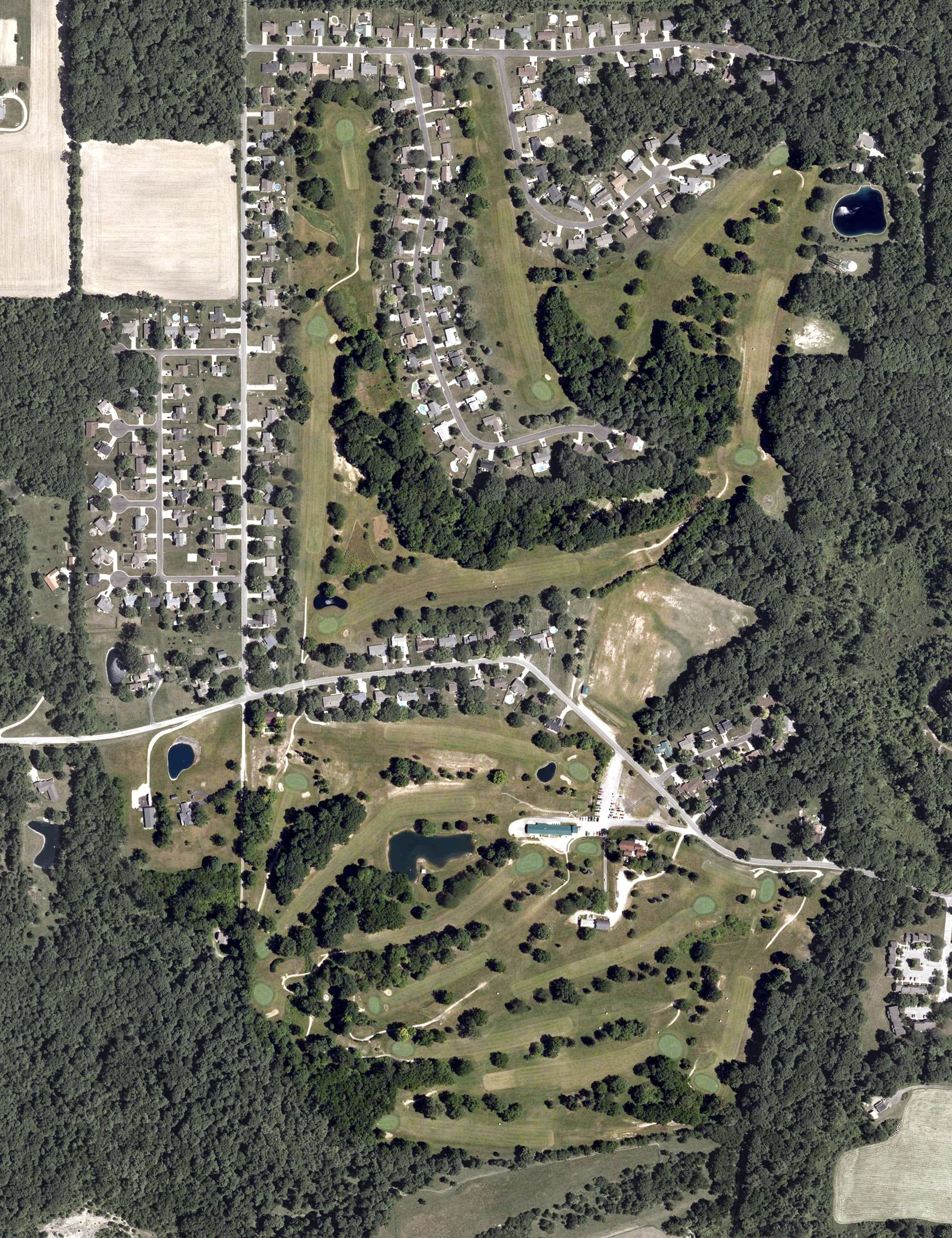 Aerial view of Norwood Golf Club, IN, with its hole routing marked
