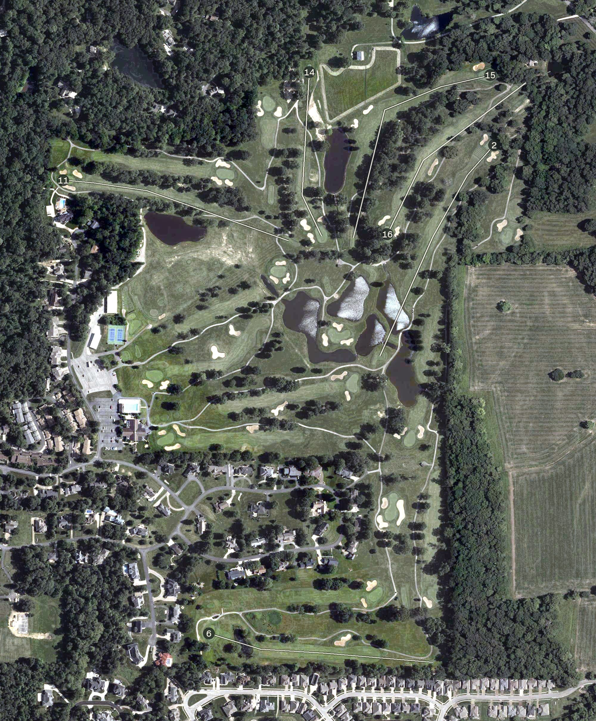 Aerial view of Oak Meadow Country Club, IN, with its hole routing marked