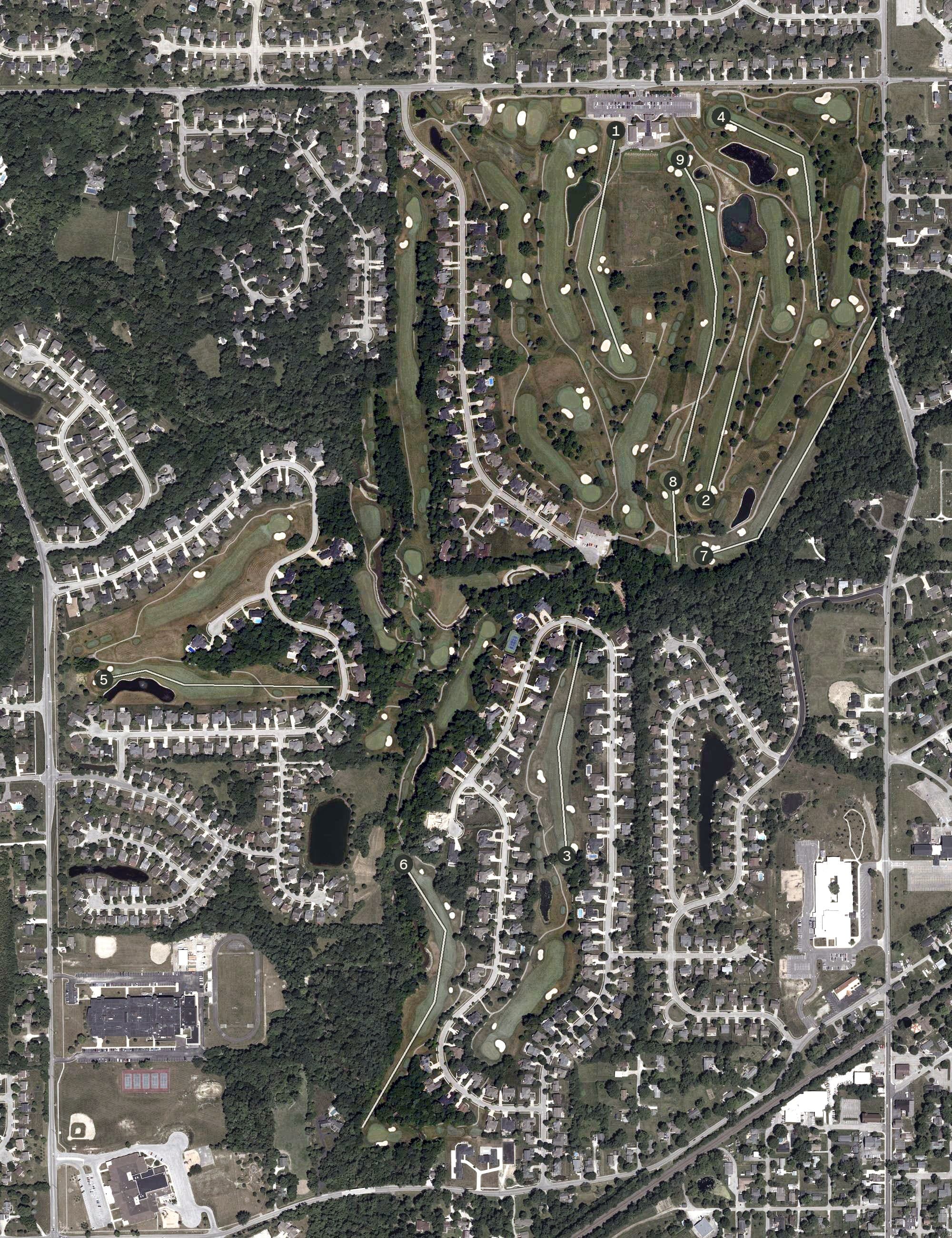 Aerial view of Old Oakland Golf Club, IN, with its hole routing marked
