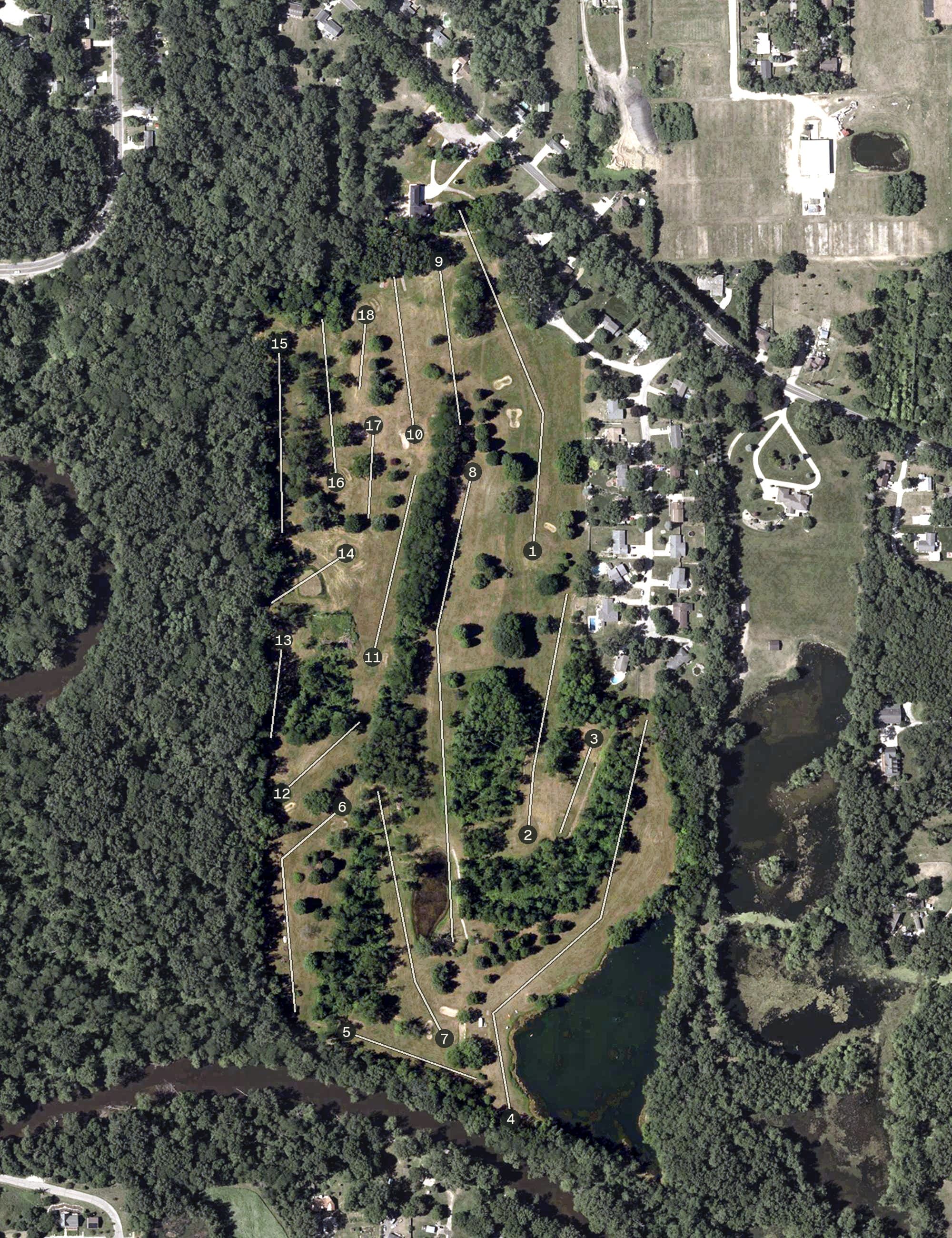 Aerial view of Old Orchard GC, IN, with its hole routing marked