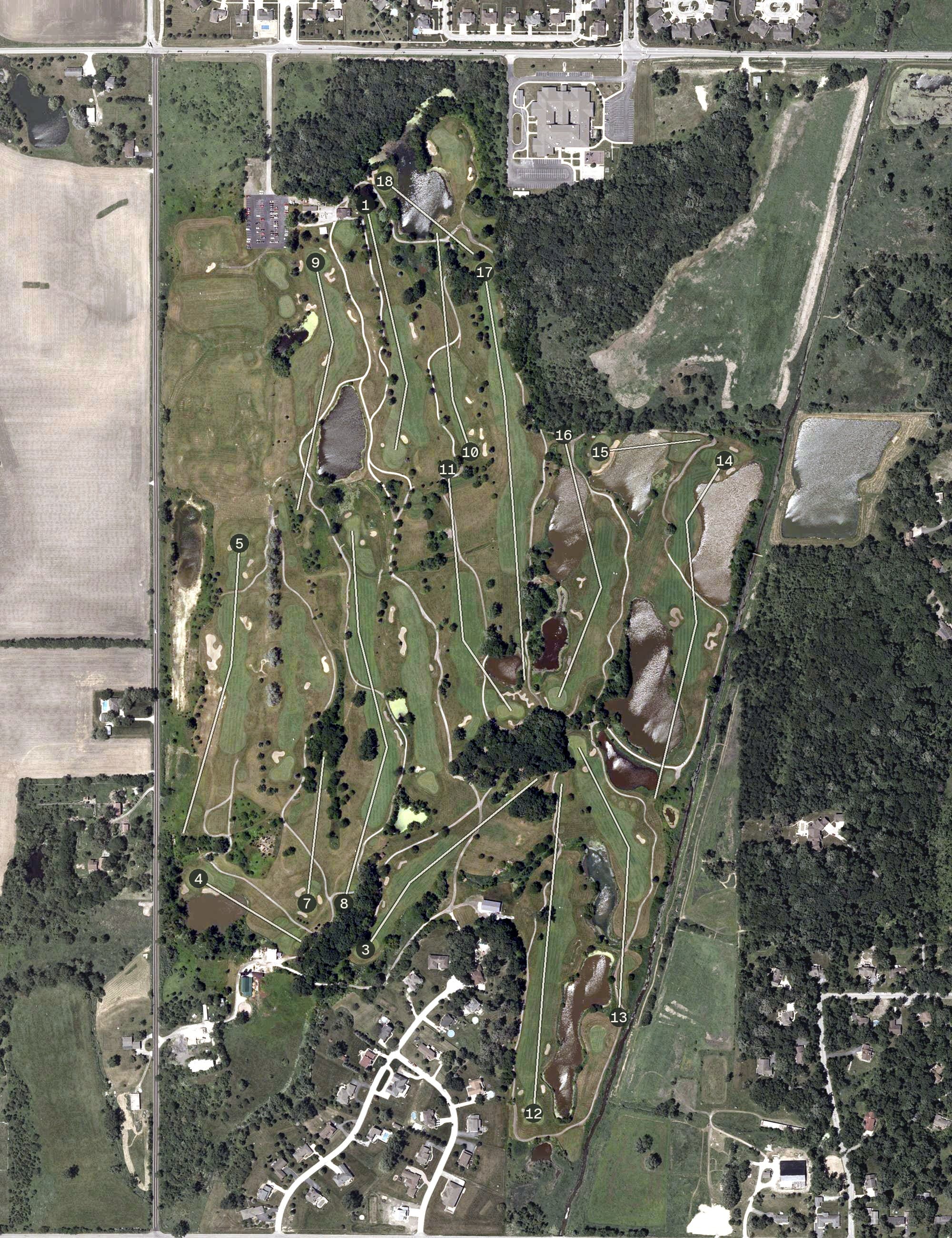 Aerial view of Palmira Golf Club, IN, with its hole routing marked