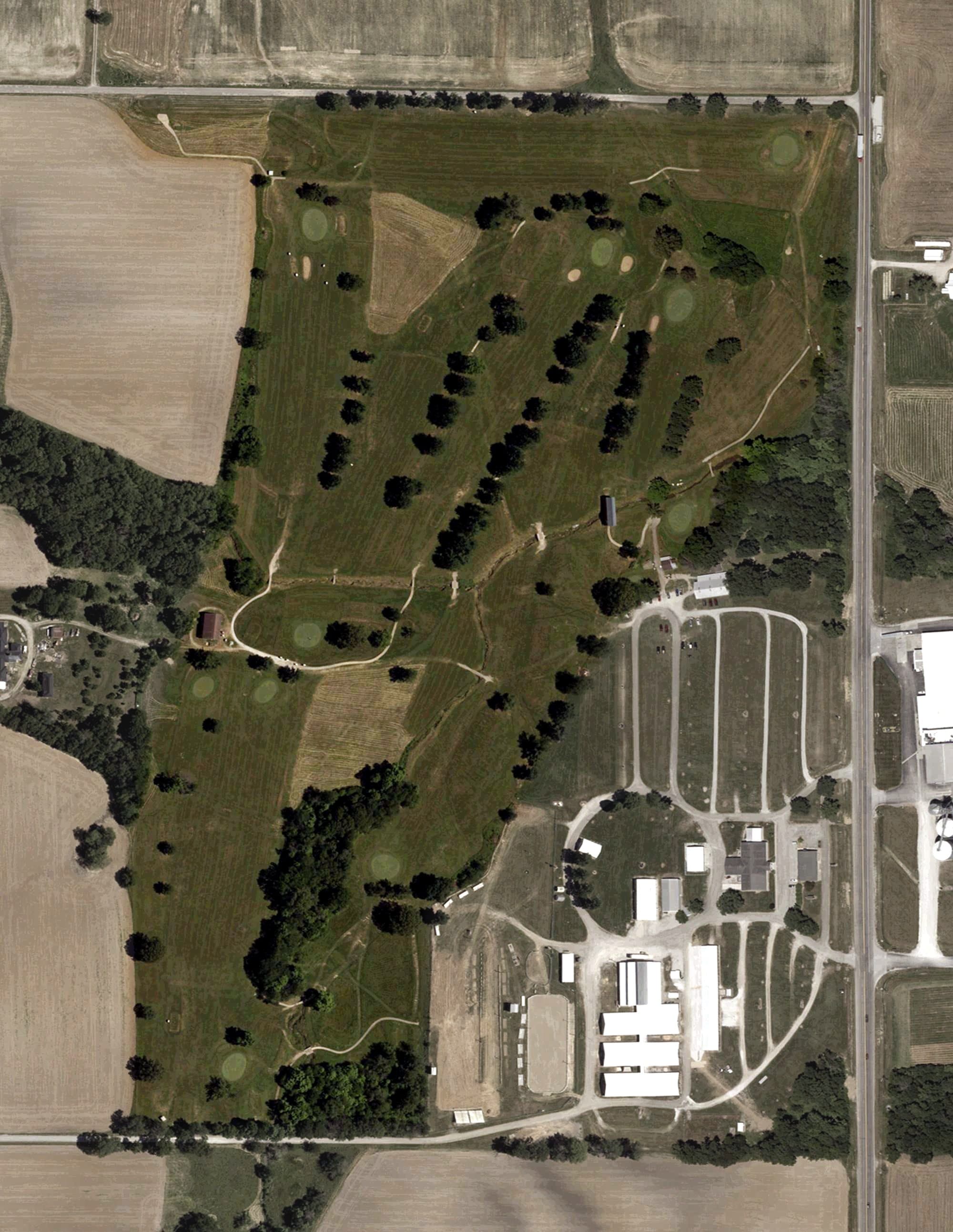 Aerial view of Parke County Golf Course, IN, with its hole routing marked