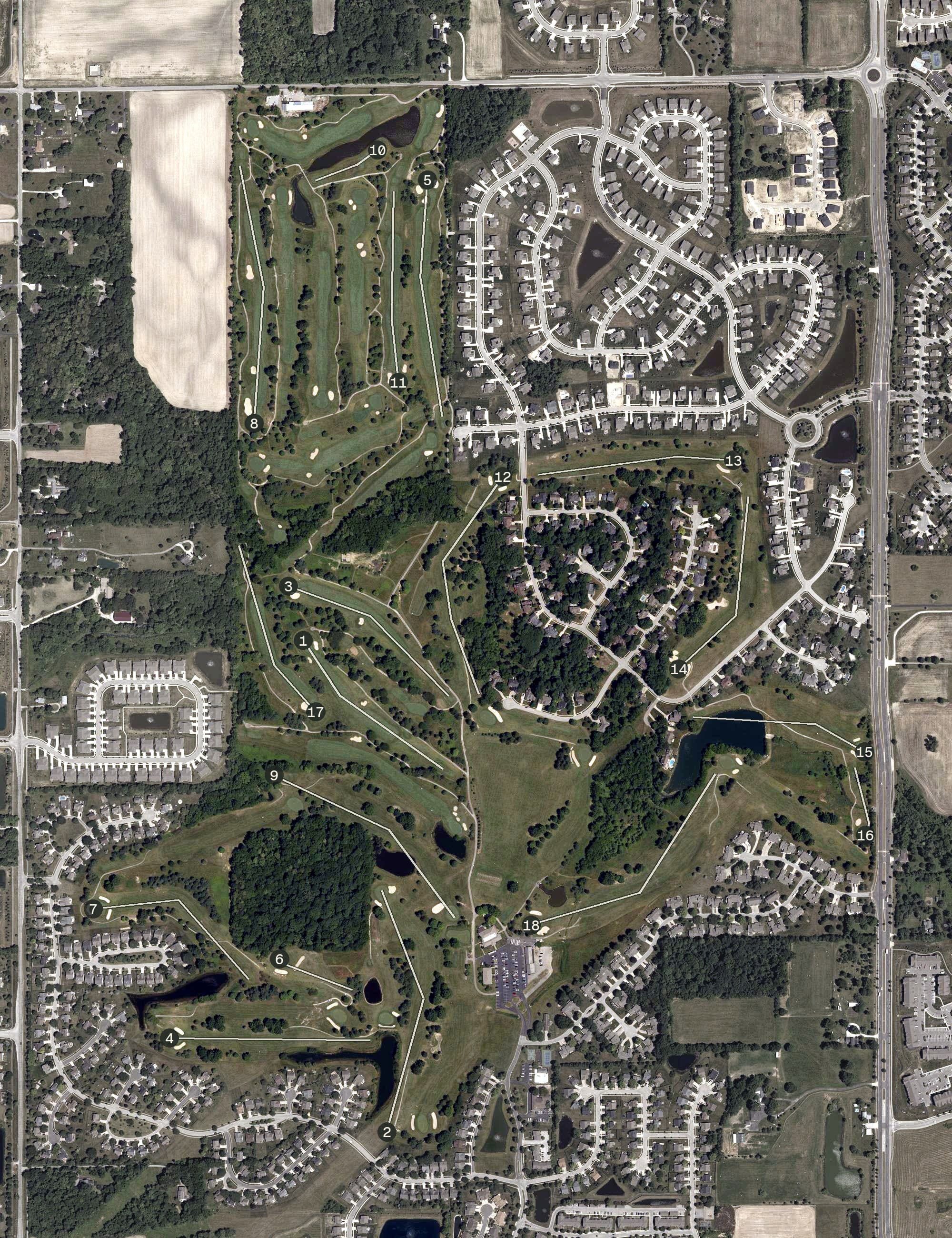 Aerial view of Pebble Brook Golf Club, IN, with its hole routing marked