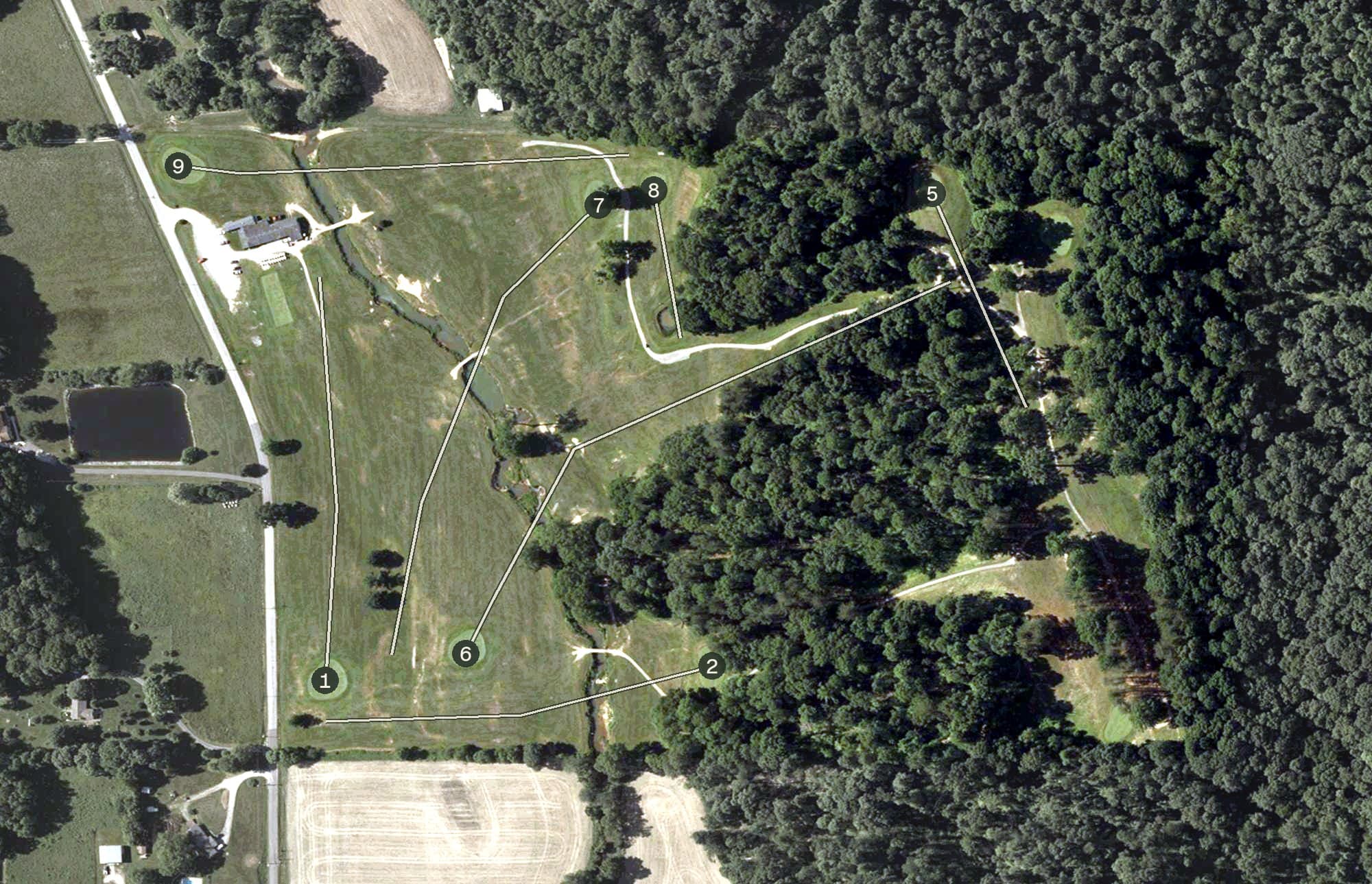 Aerial view of Pine Woods Golf Course, IN, with its hole routing marked