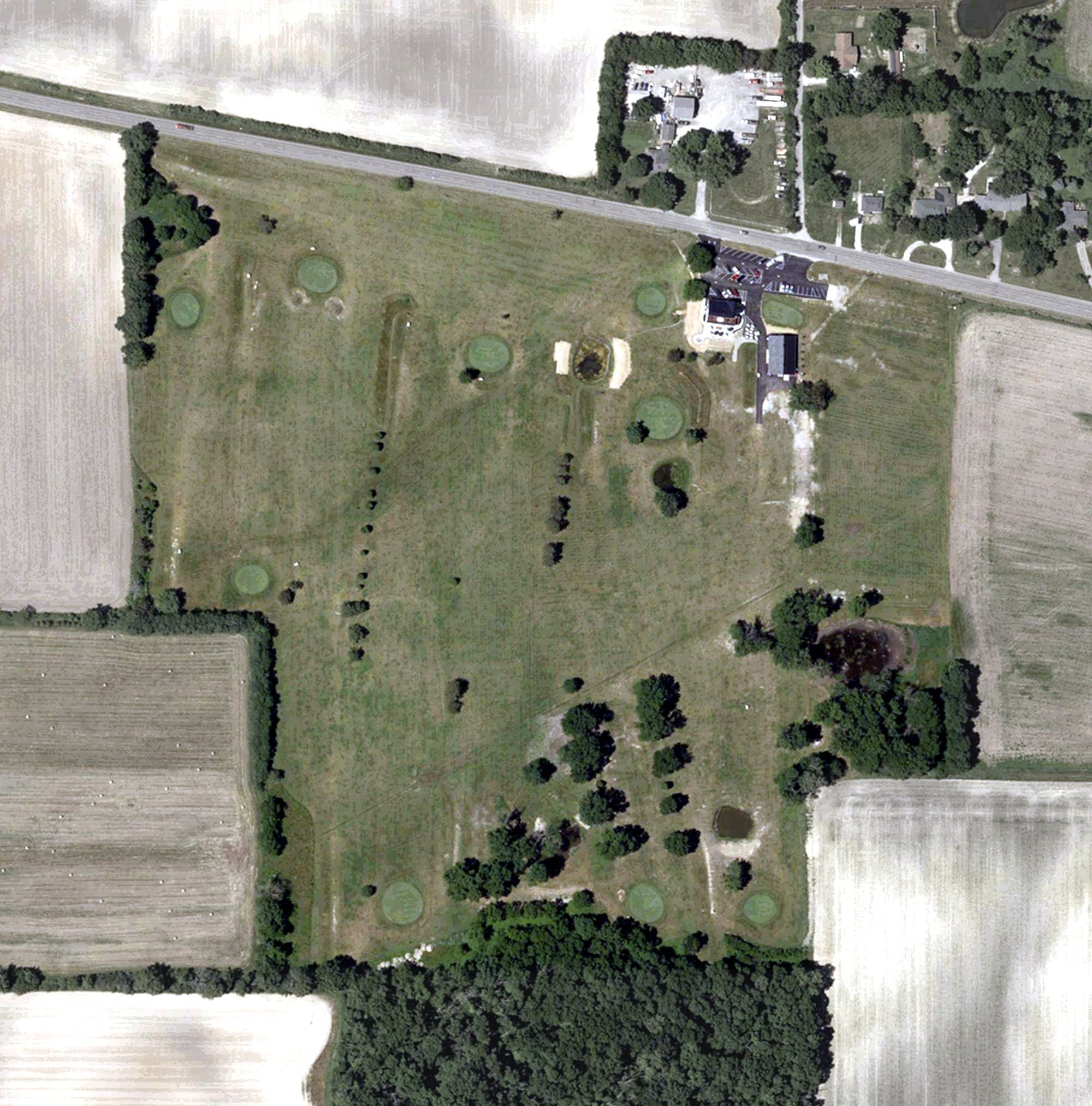 Aerial view of Pittsboro Golf Club, IN, with its hole routing marked