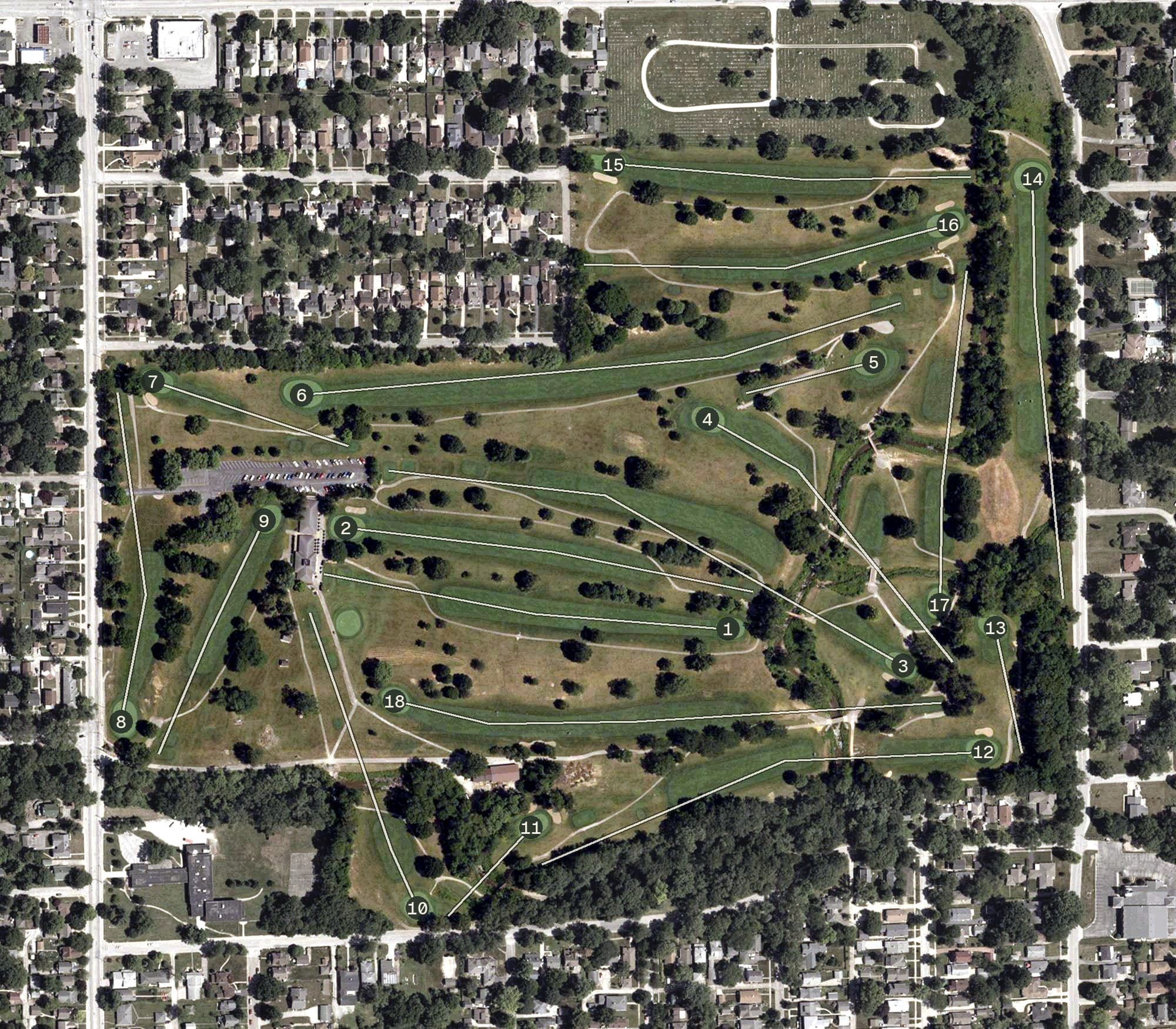 Aerial view of Pleasant Run Golf Club, IN, with its hole routing marked