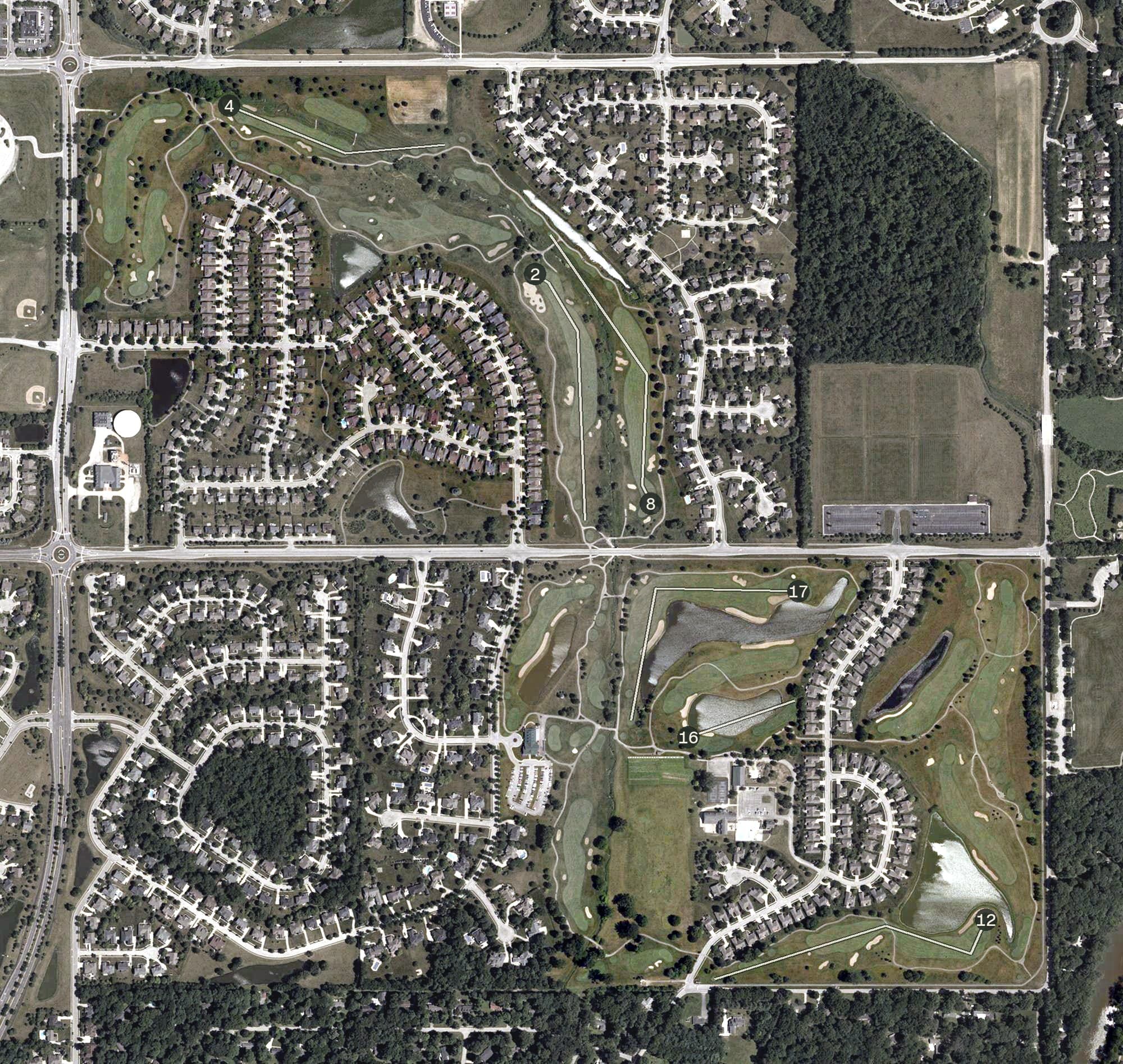 Aerial view of Plum Creek Golf Course, IN, with its hole routing marked