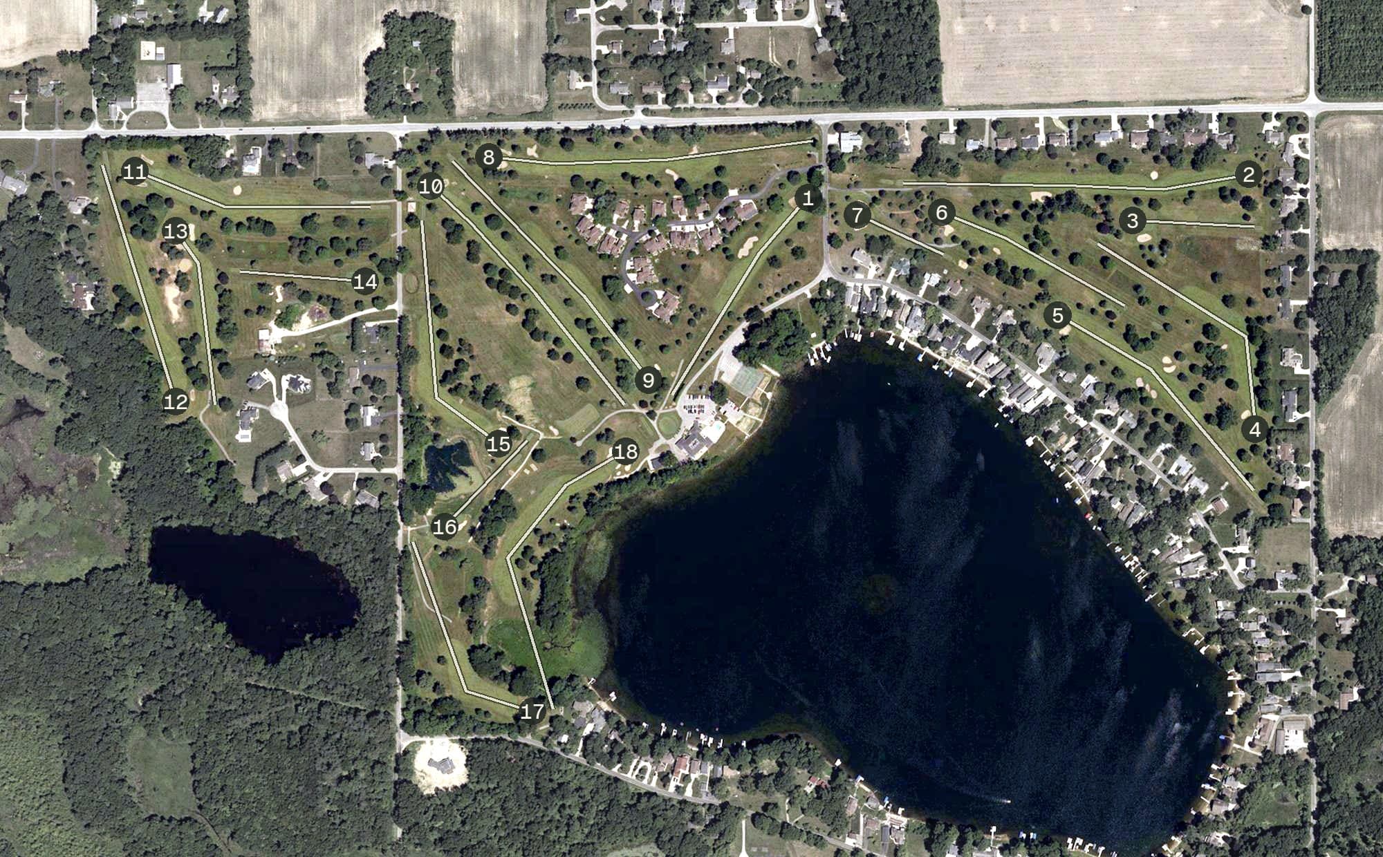 Aerial view of Plymouth Country Club, IN, with its hole routing marked