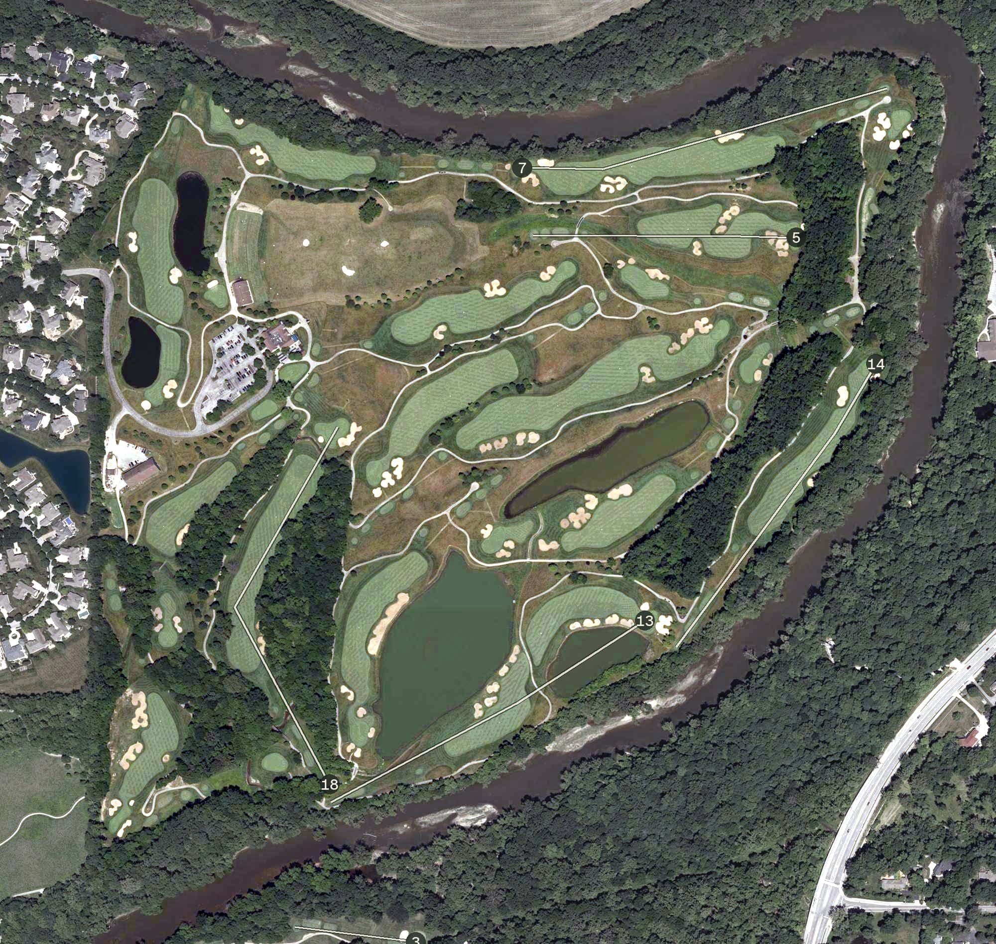 Aerial view of Prairie View Golf Club, IN, with its hole routing marked