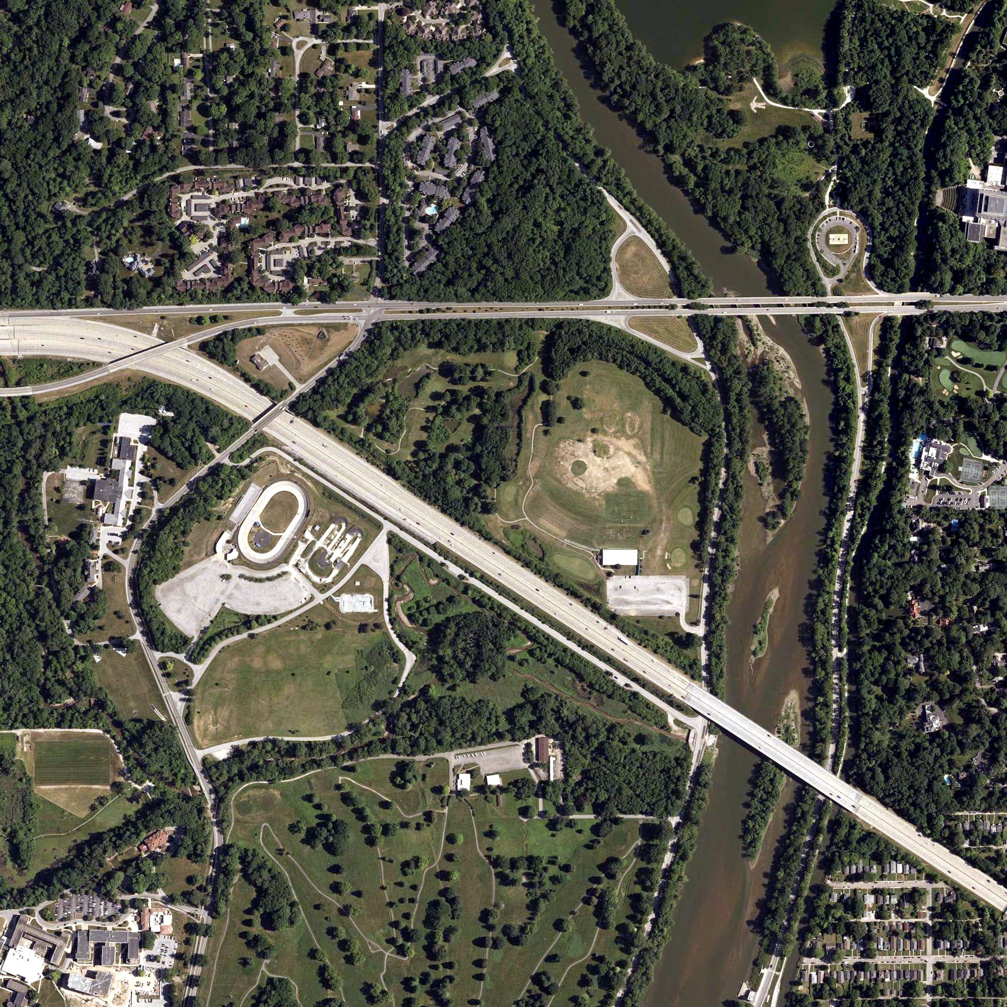 Aerial view of Riverside Golf Academy, IN, with its hole routing marked