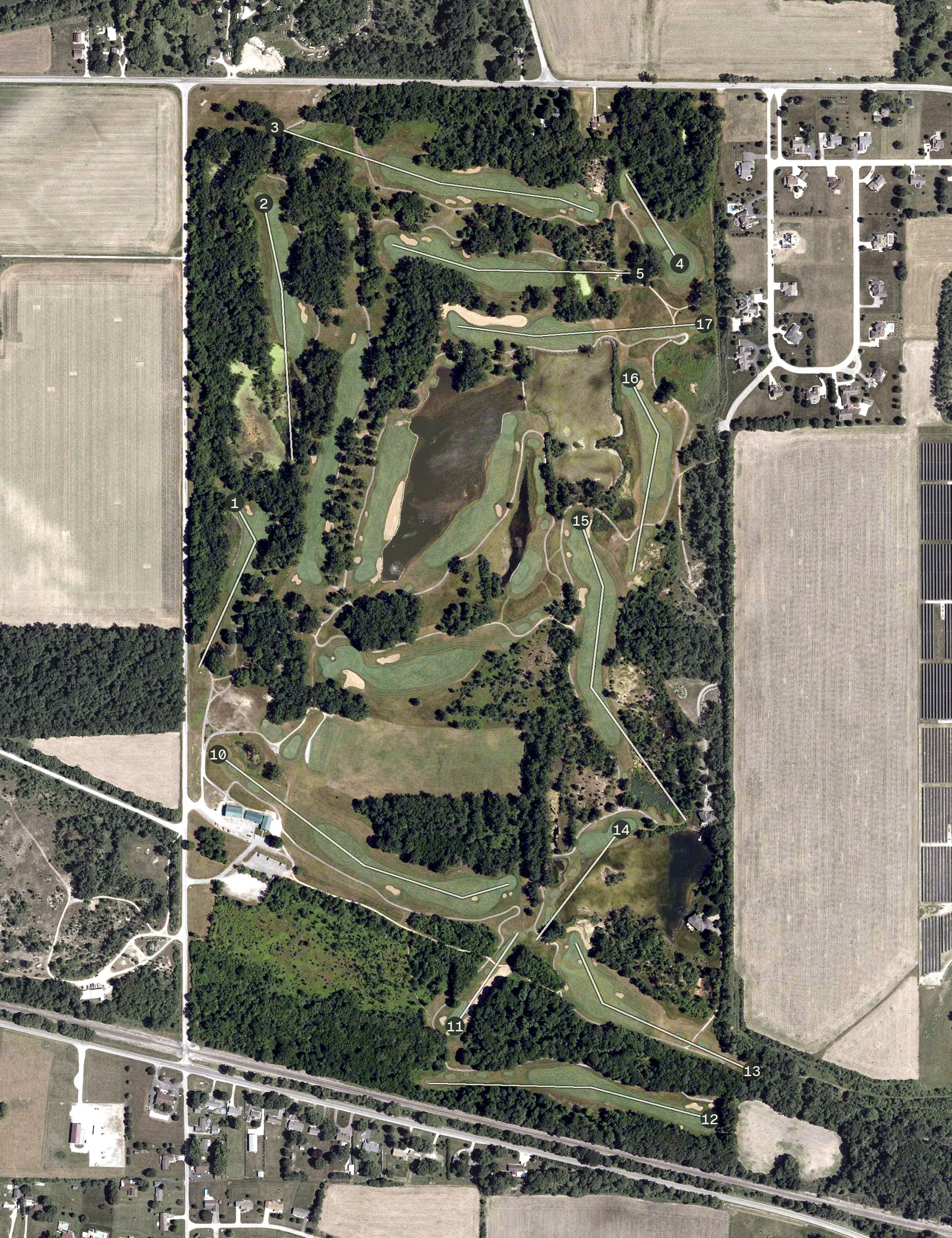Aerial view of Rock Hollow Golf Course, IN, with its hole routing marked