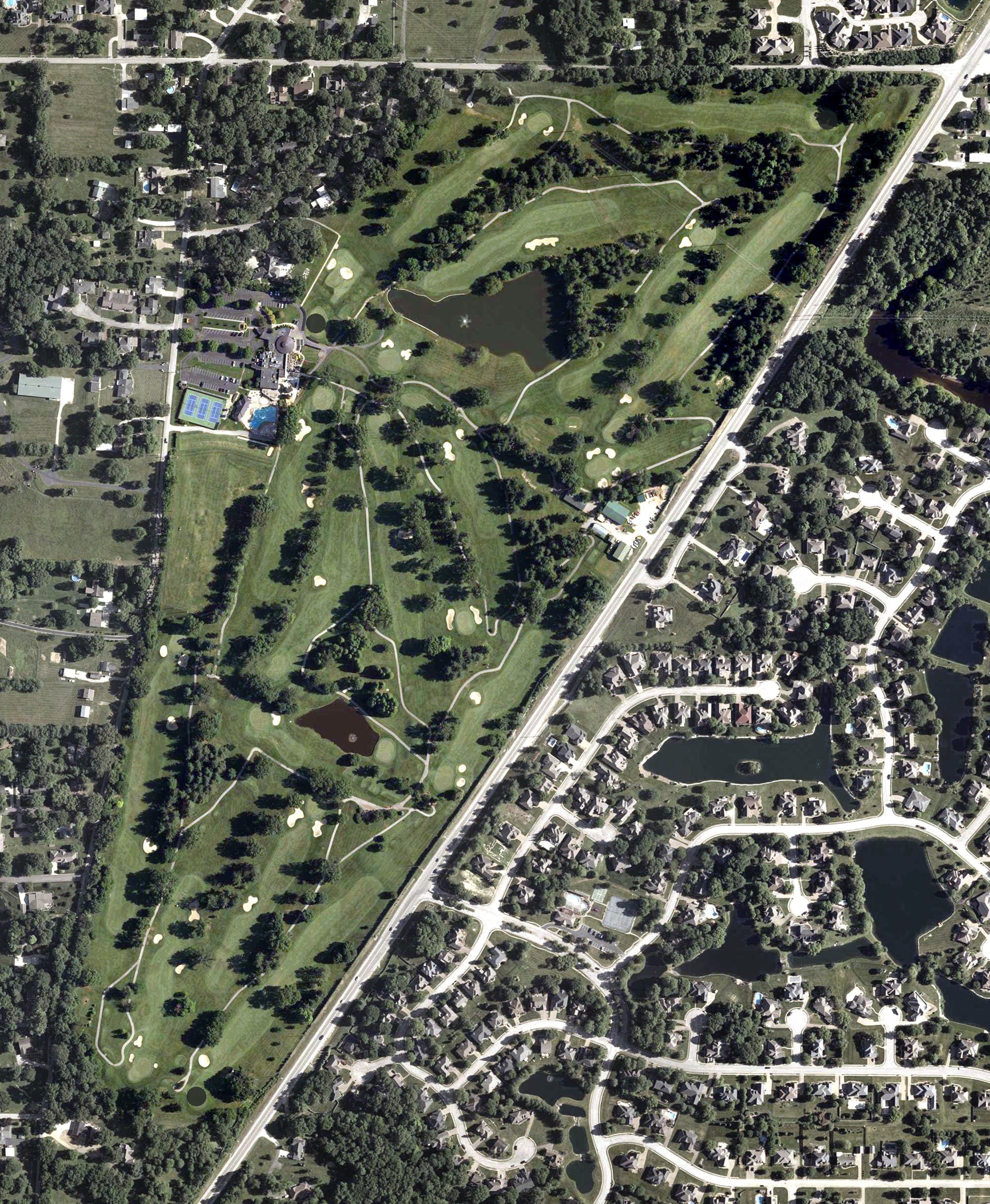Aerial view of Rolling Hills Country Club, IN, with its hole routing marked