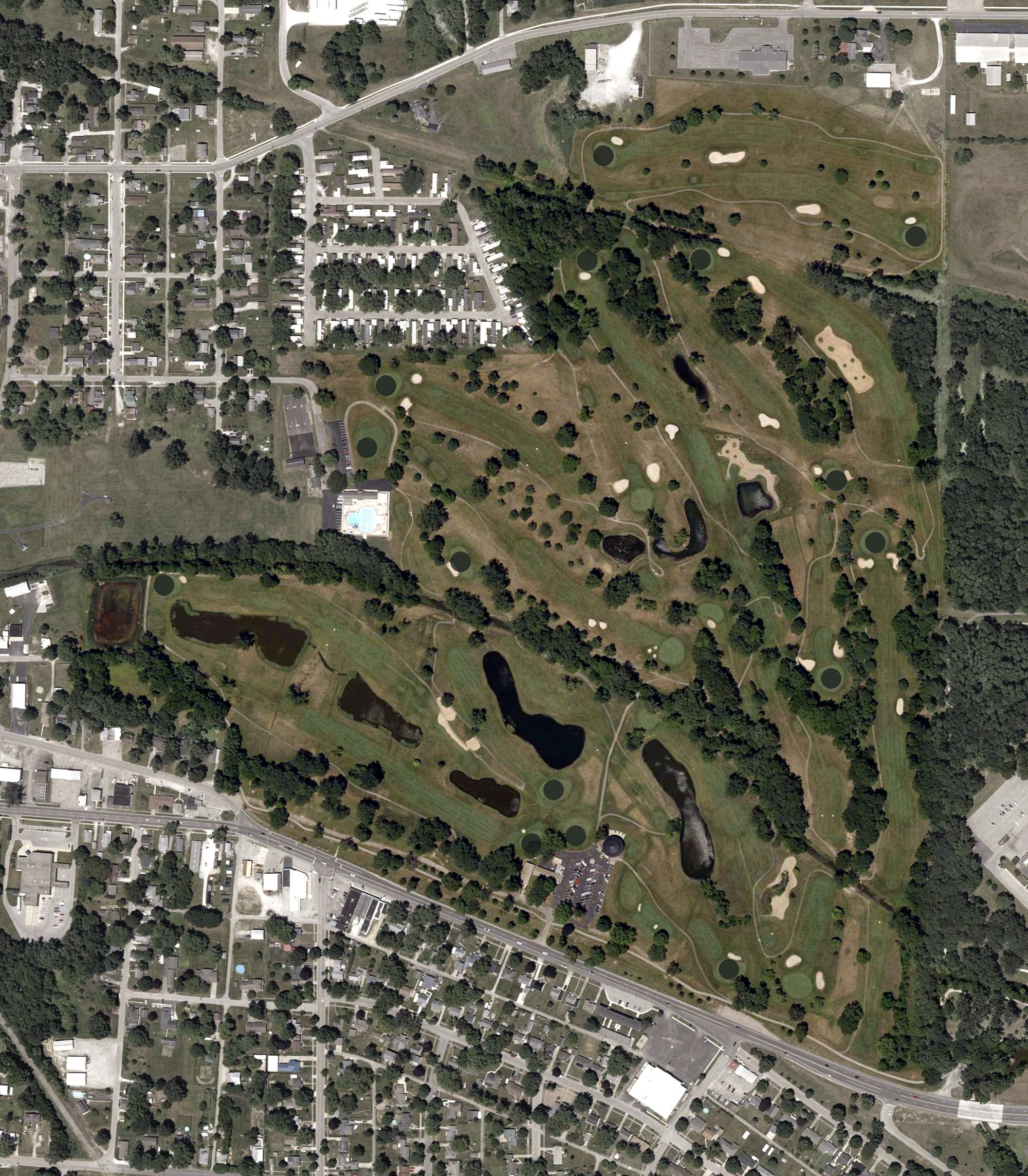 Aerial view of Round Barn Golf Club, IN, with its hole routing marked