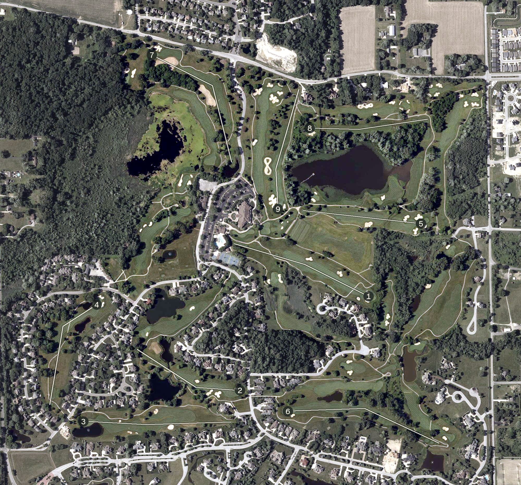 Aerial view of Sand Creek Country Club, IN, with its hole routing marked