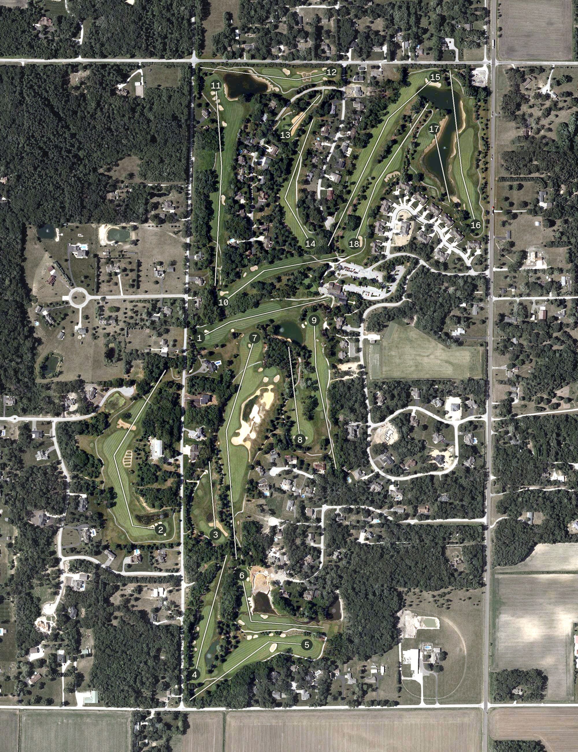 Aerial view of Sandy Pines Golf Course, IN, with its hole routing marked