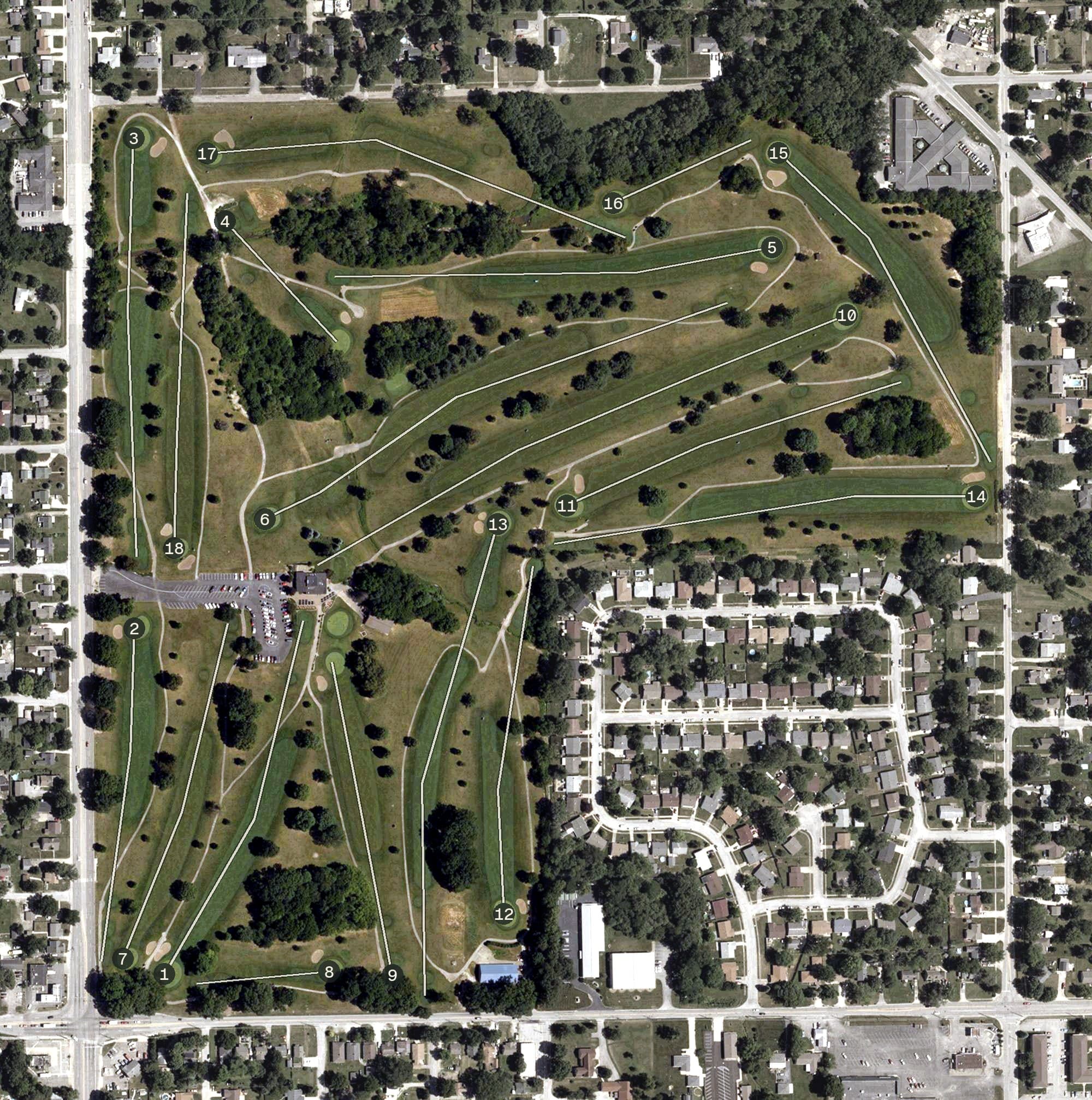 Aerial view of Sarah Shank Golf Course, IN, with its hole routing marked