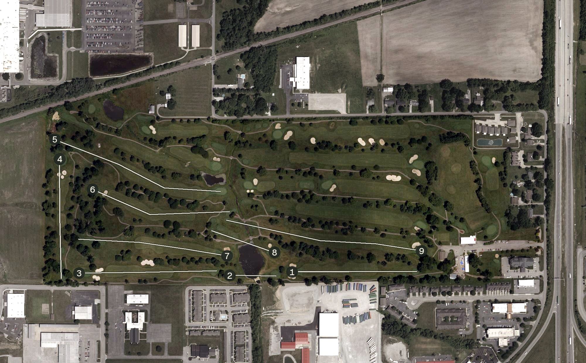 Aerial view of Seymour Golf Course, IN, with its hole routing marked