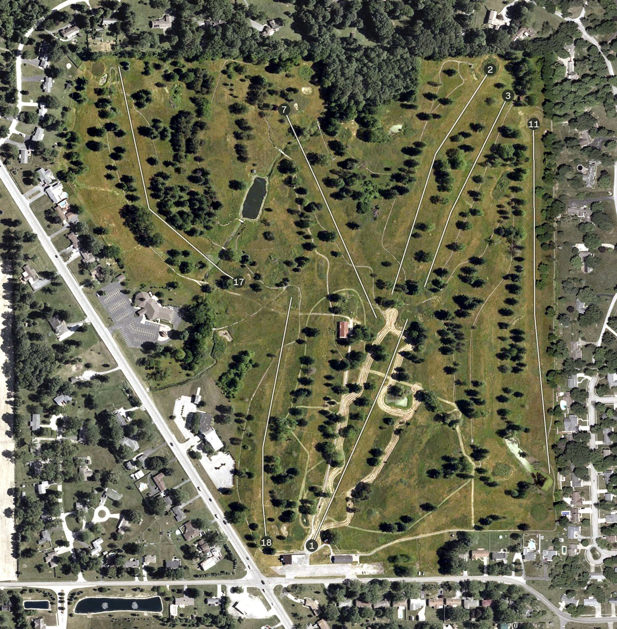 Aerial view of Shady Hills Golf Course, IN, with its hole routing marked