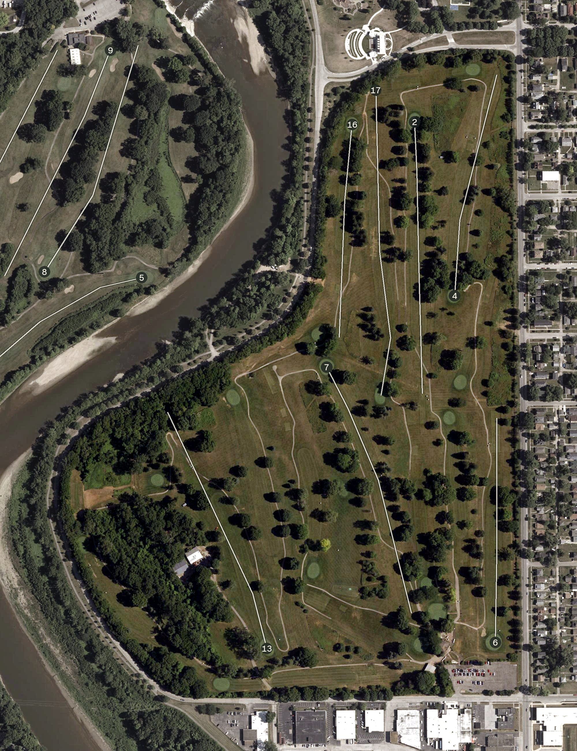 Aerial view of South Grove Golf Course, IN, with its hole routing marked