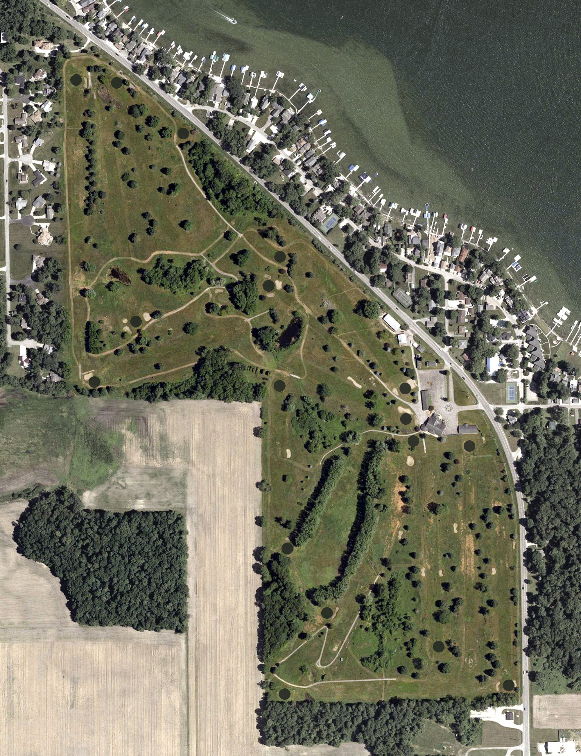 Aerial view of South Shore Golf Club, IN, with its hole routing marked