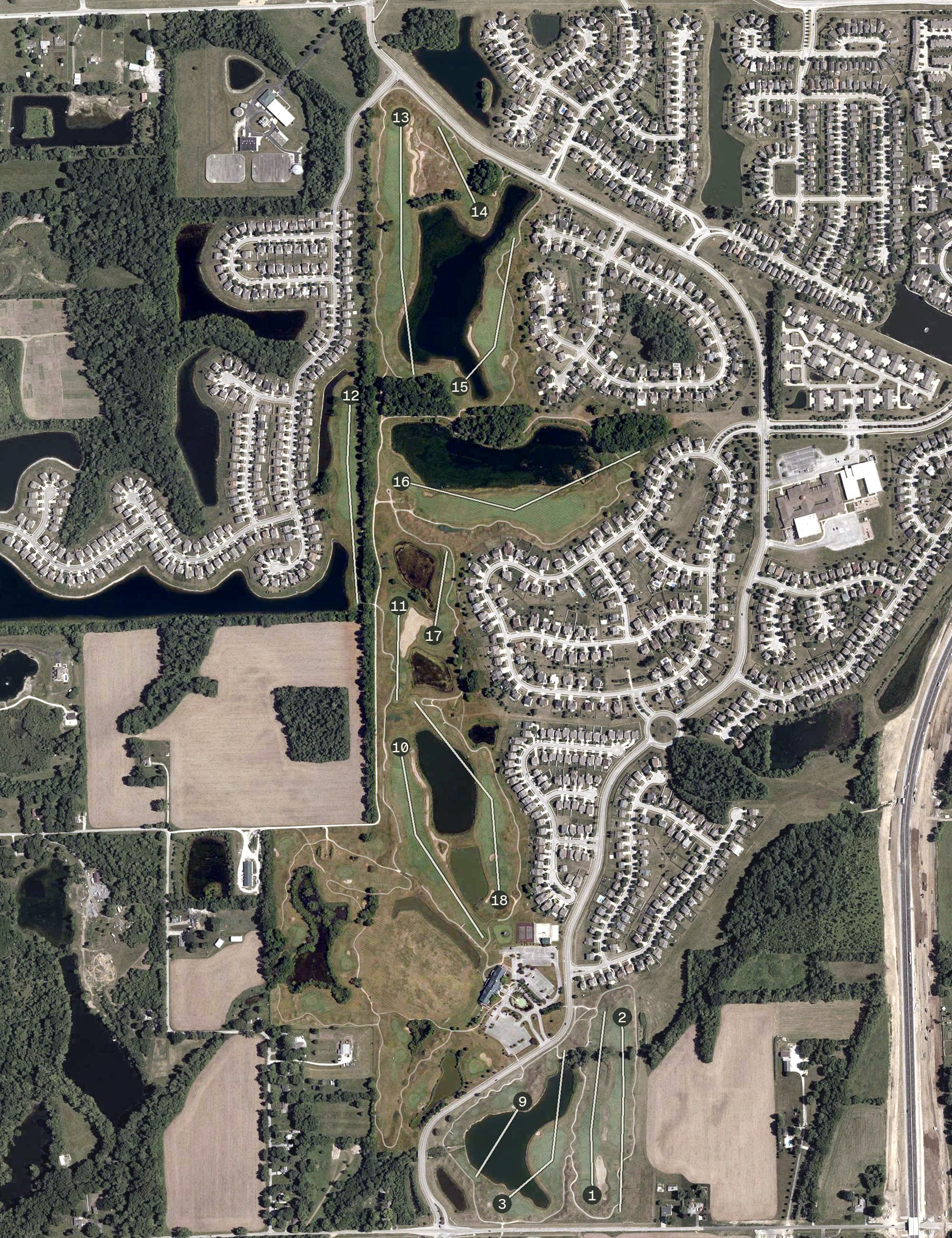 Aerial view of Southern Dunes Golf Course, IN, with its hole routing marked