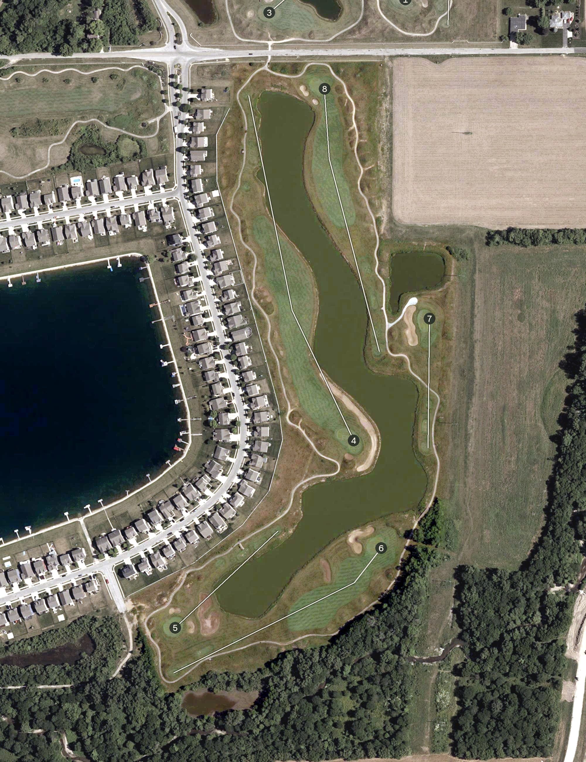 Aerial view of Southern Dunes Golf Course, IN, with its hole routing marked