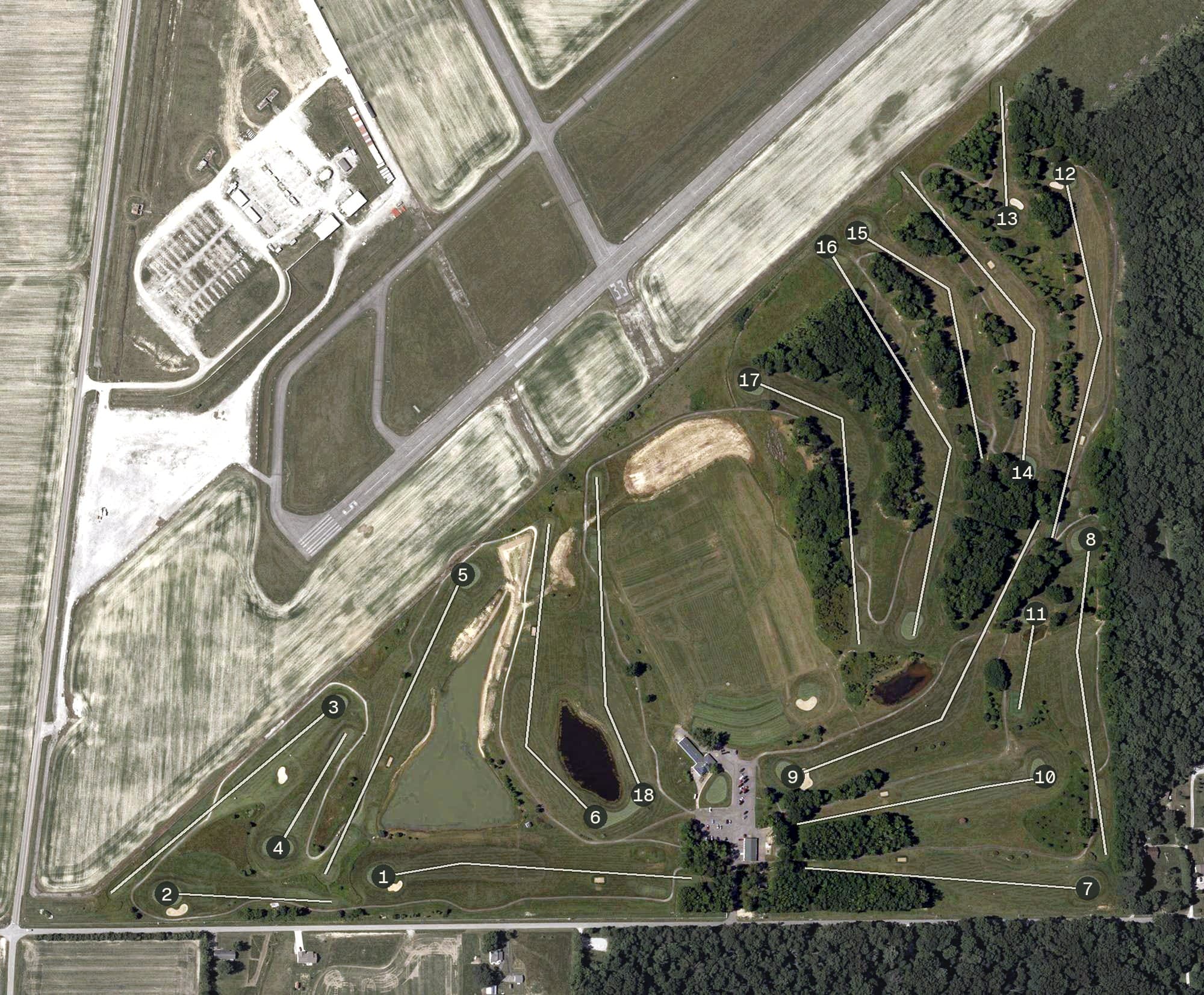 Aerial view of St. Anne's Golf Course, IN, with its hole routing marked