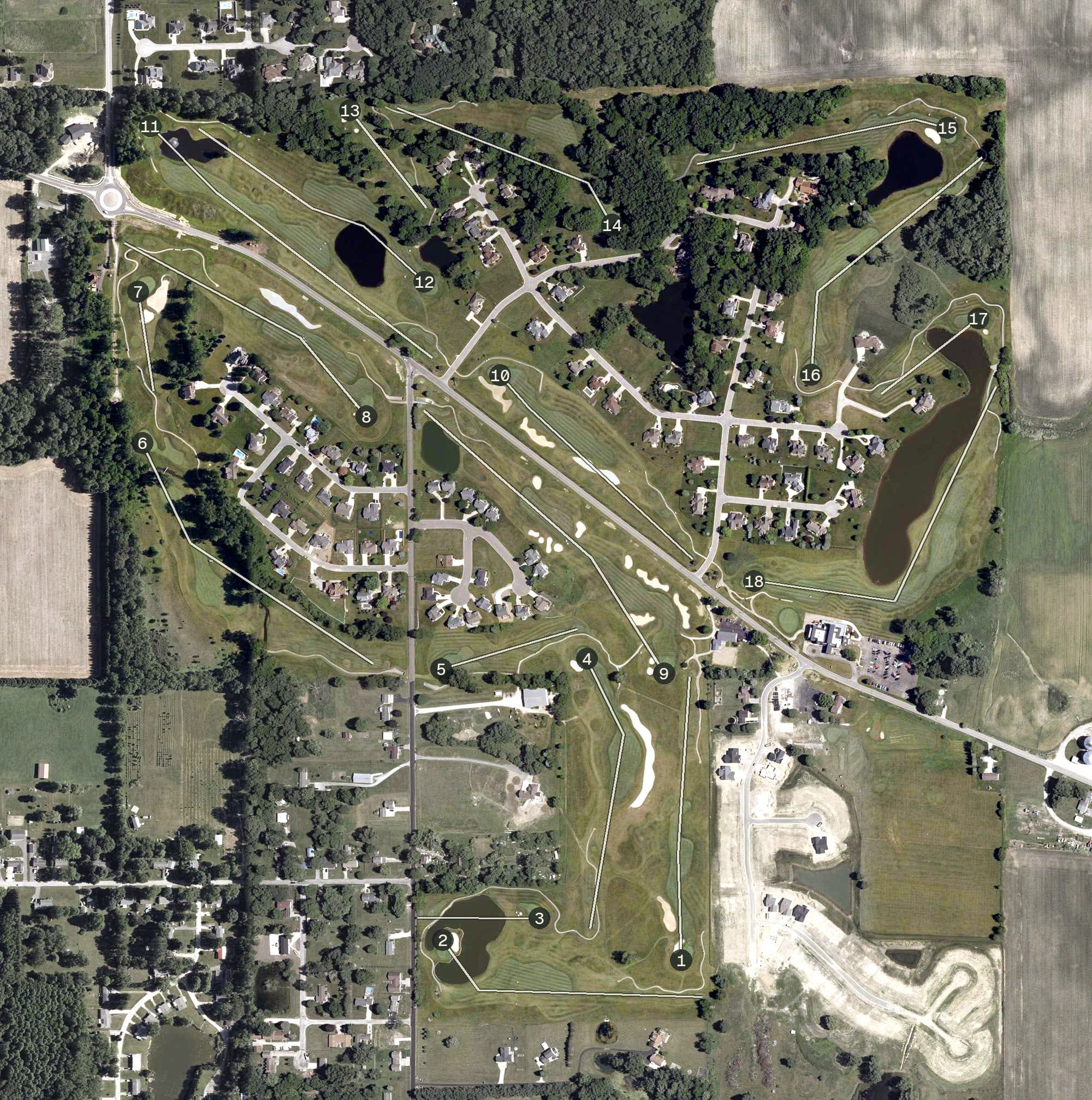 Aerial view of Stonehenge Golf Club, IN, with its hole routing marked