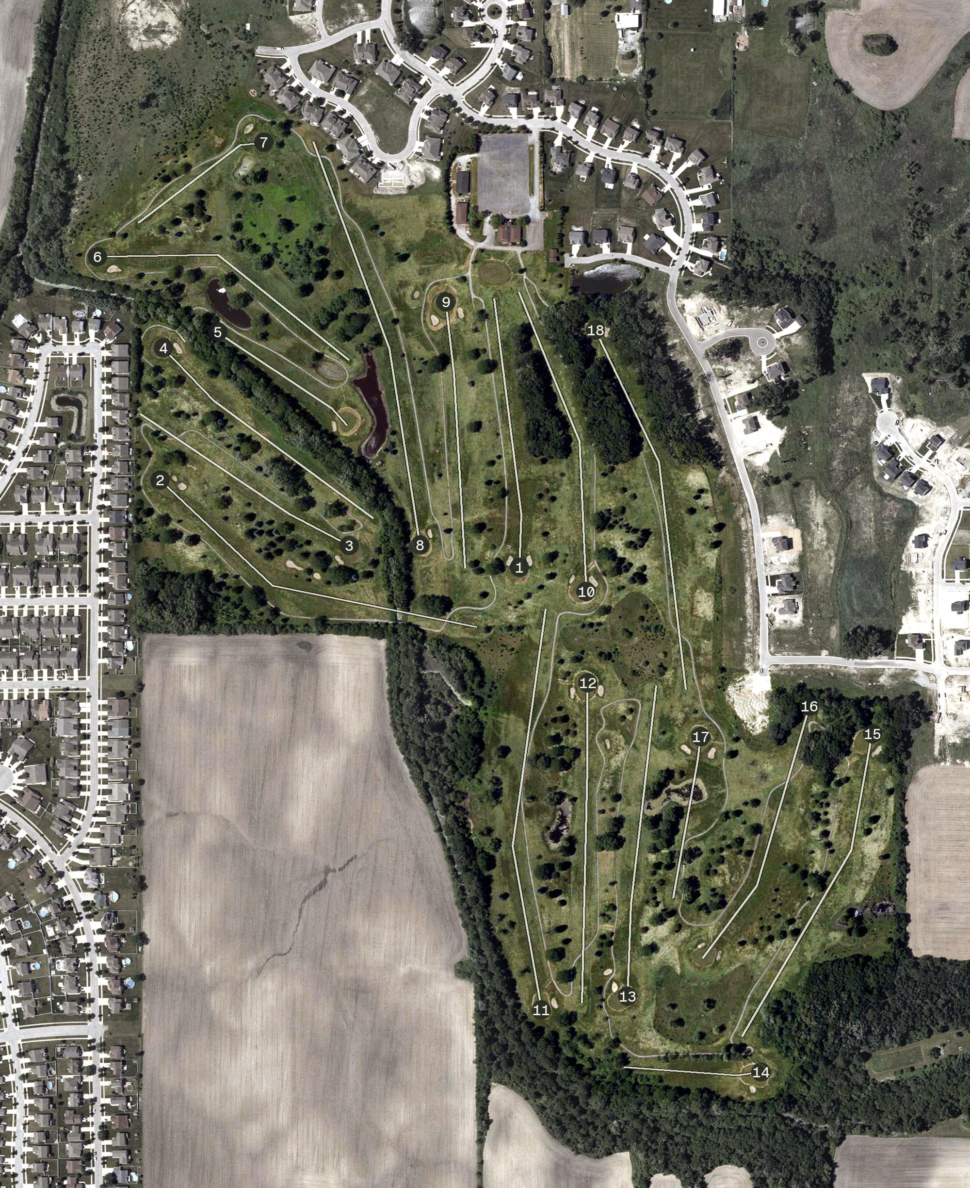 Aerial view of Summertree Golf Club, IN, with its hole routing marked