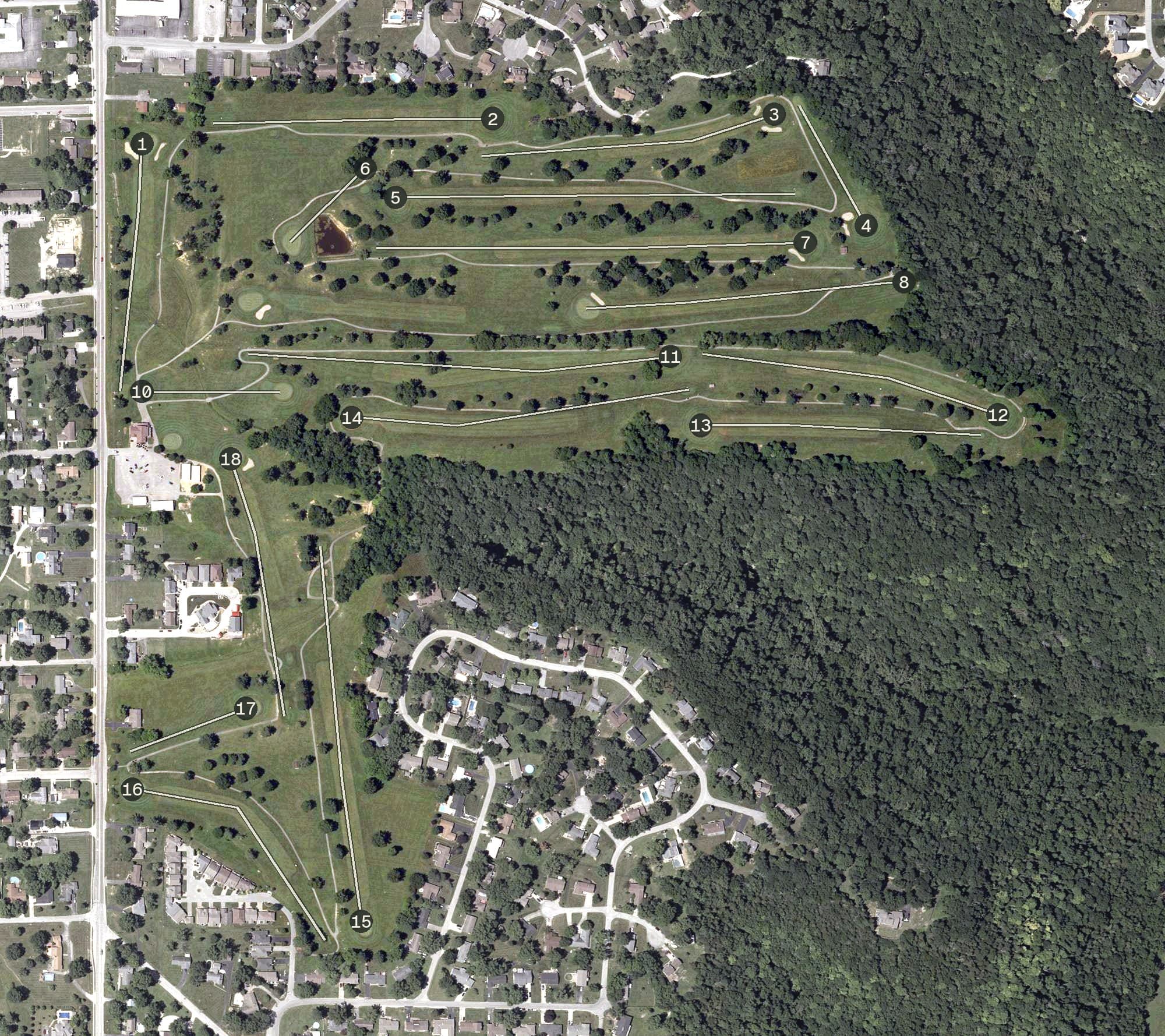 Aerial view of Sunrise Golf Course, IN, with its hole routing marked
